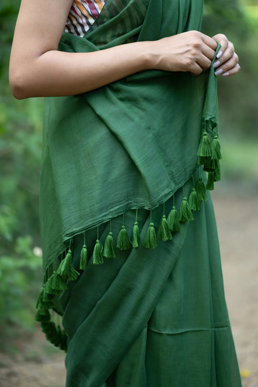 Plain Dark Green Handloom cotton Saree with Green Tassels - I Love Sarees