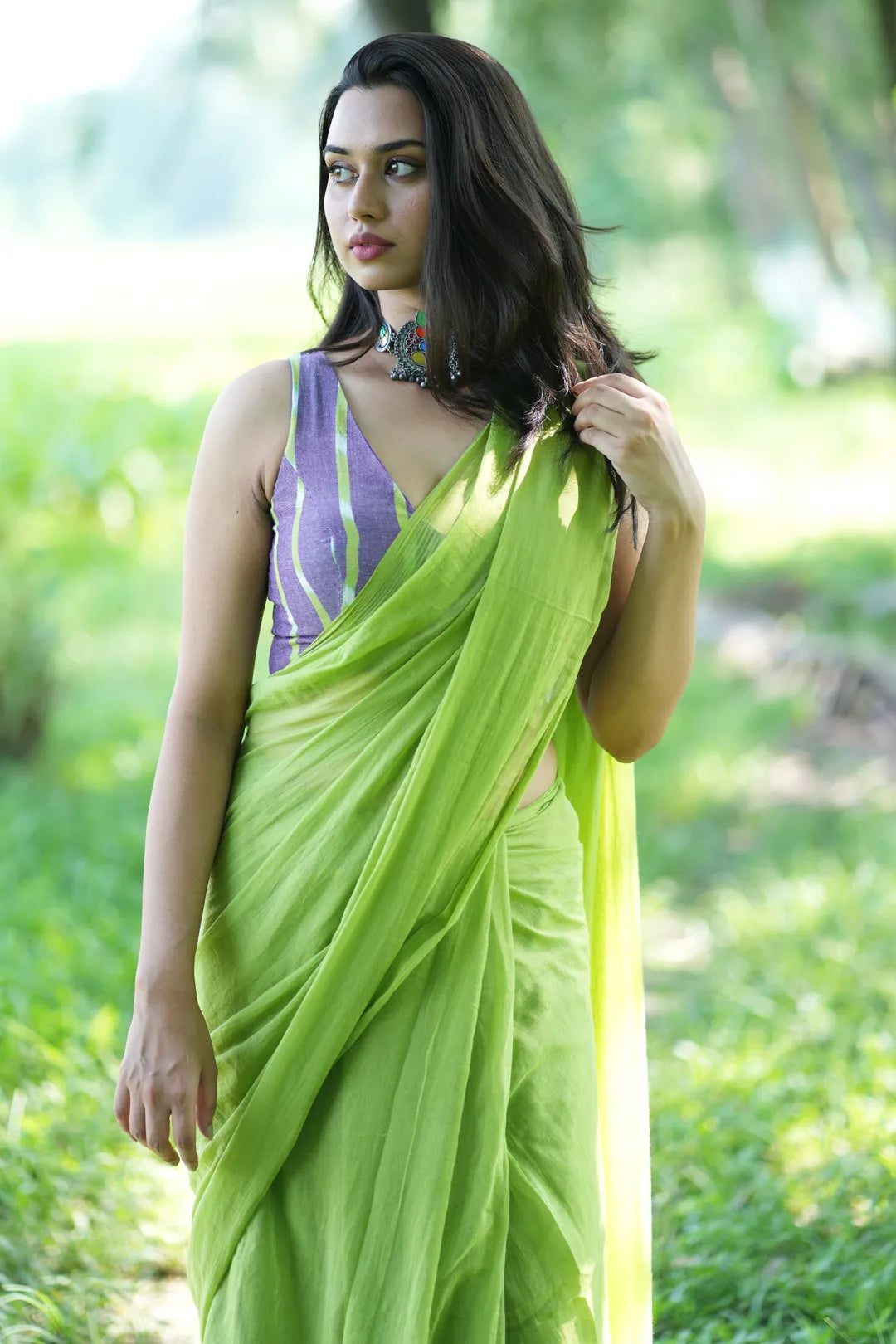 Plain Lime Green Handloom Cotton Saree with green Tassels- I Love Sarees