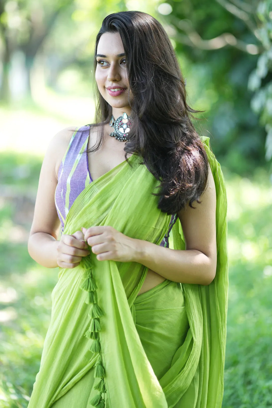 Plain Lime Green Handloom Cotton Saree with green Tassels- I Love Sarees