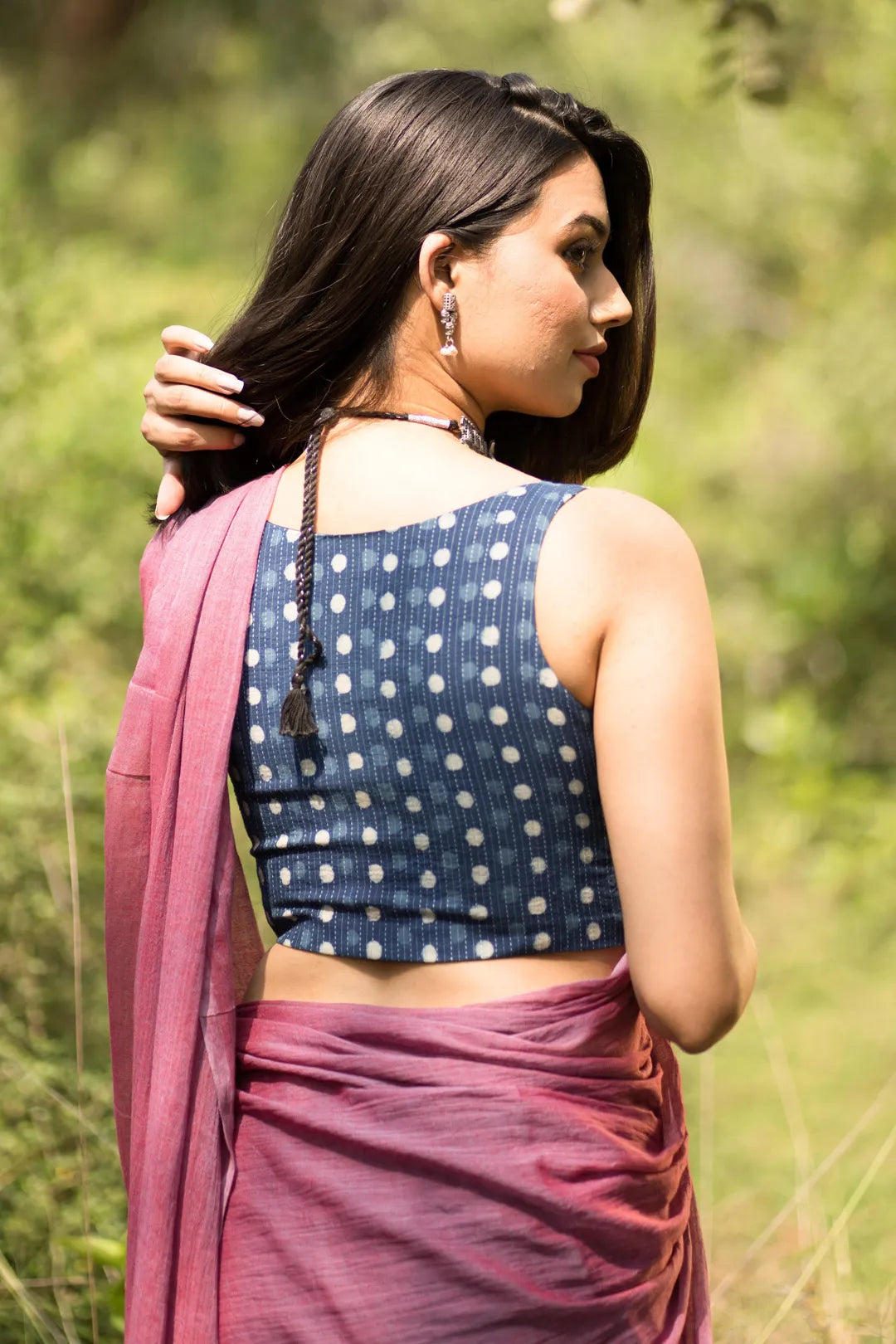 Polkha dot blue indigo dabu printed Sleeveless blouse - I Love Sarees