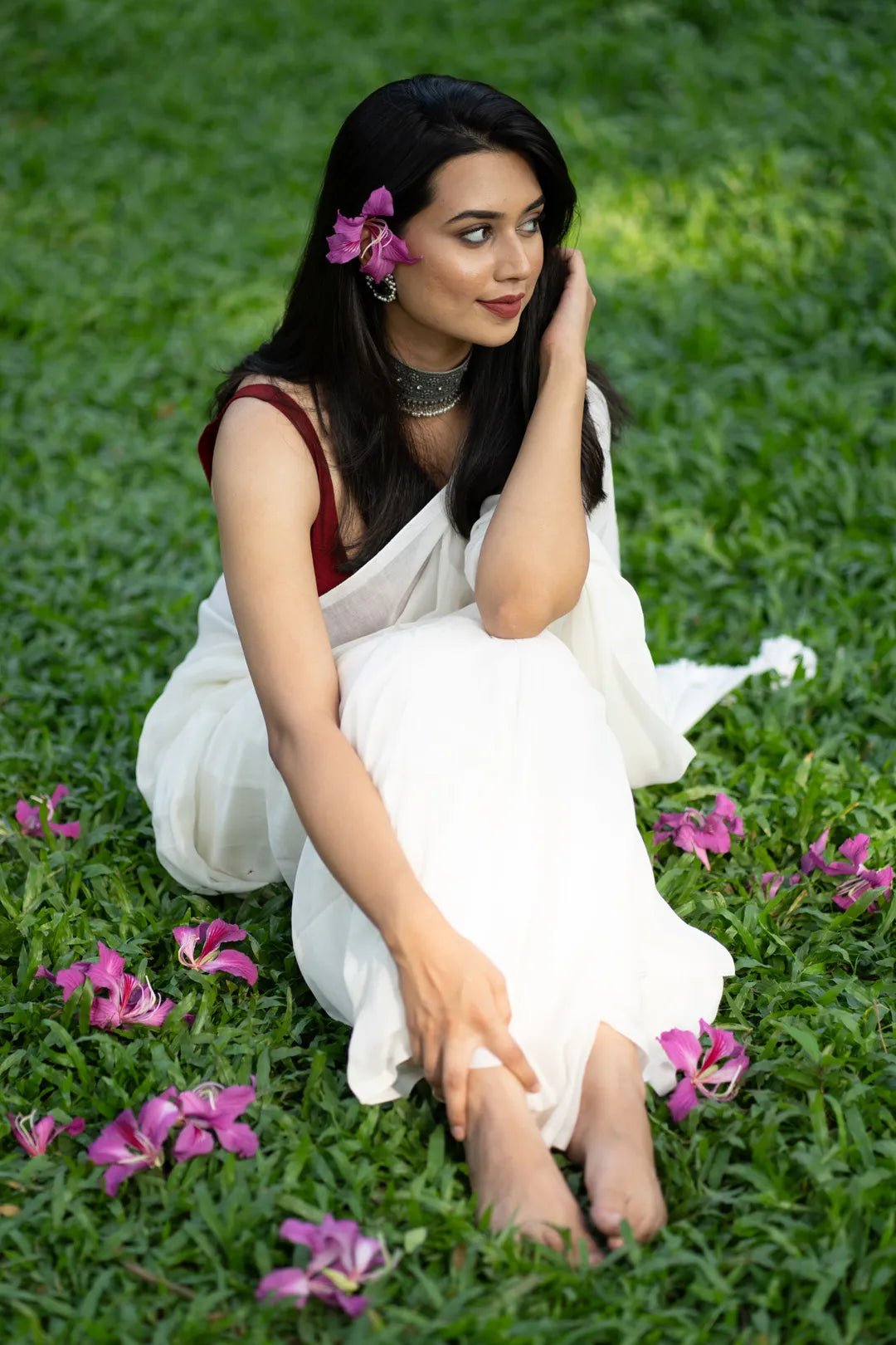 Pure Plain White Handloom cotton saree with White Tassels - I Love Sarees