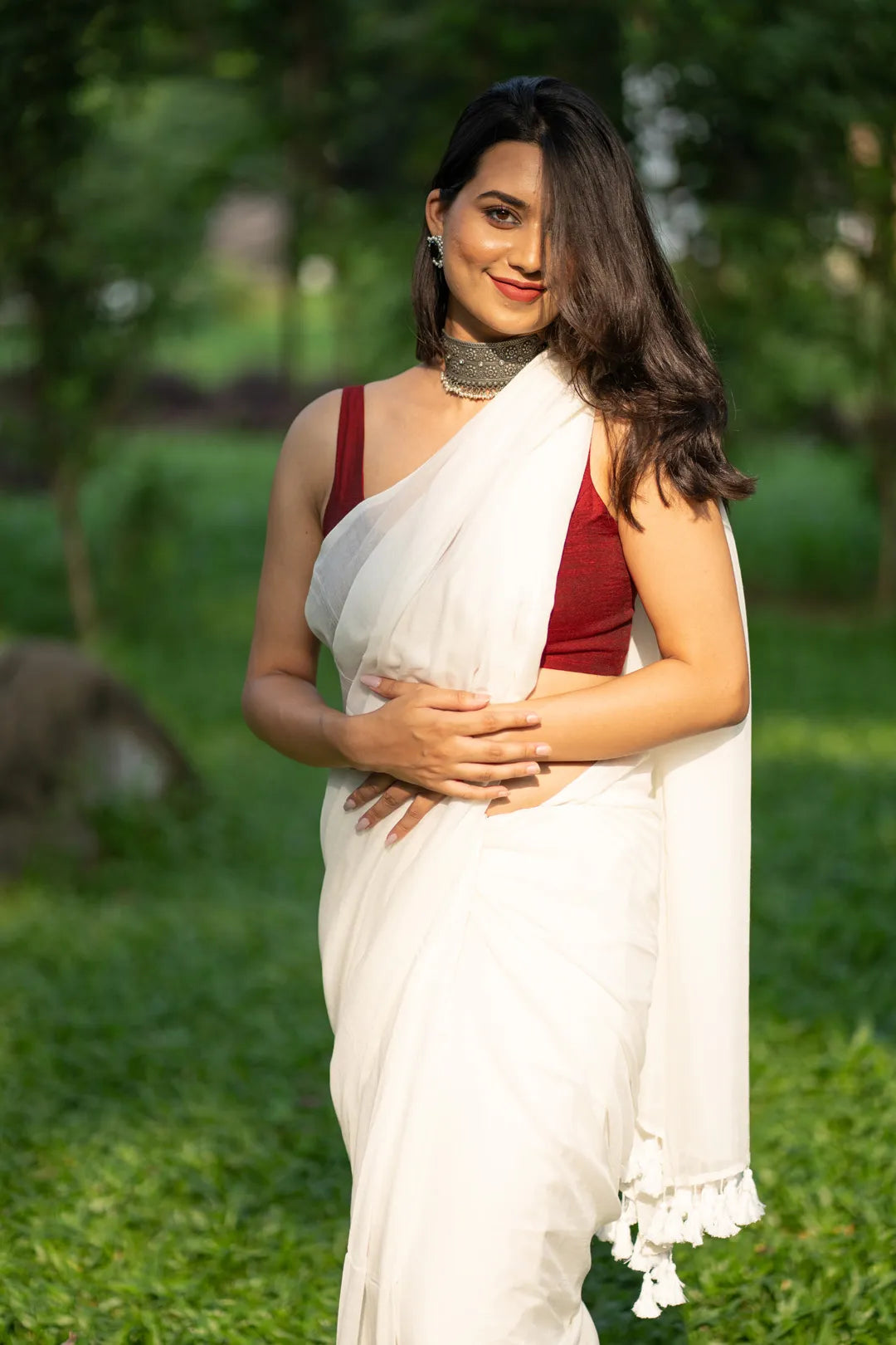 Pure Plain White Handloom cotton saree with White Tassels - I Love Sarees
