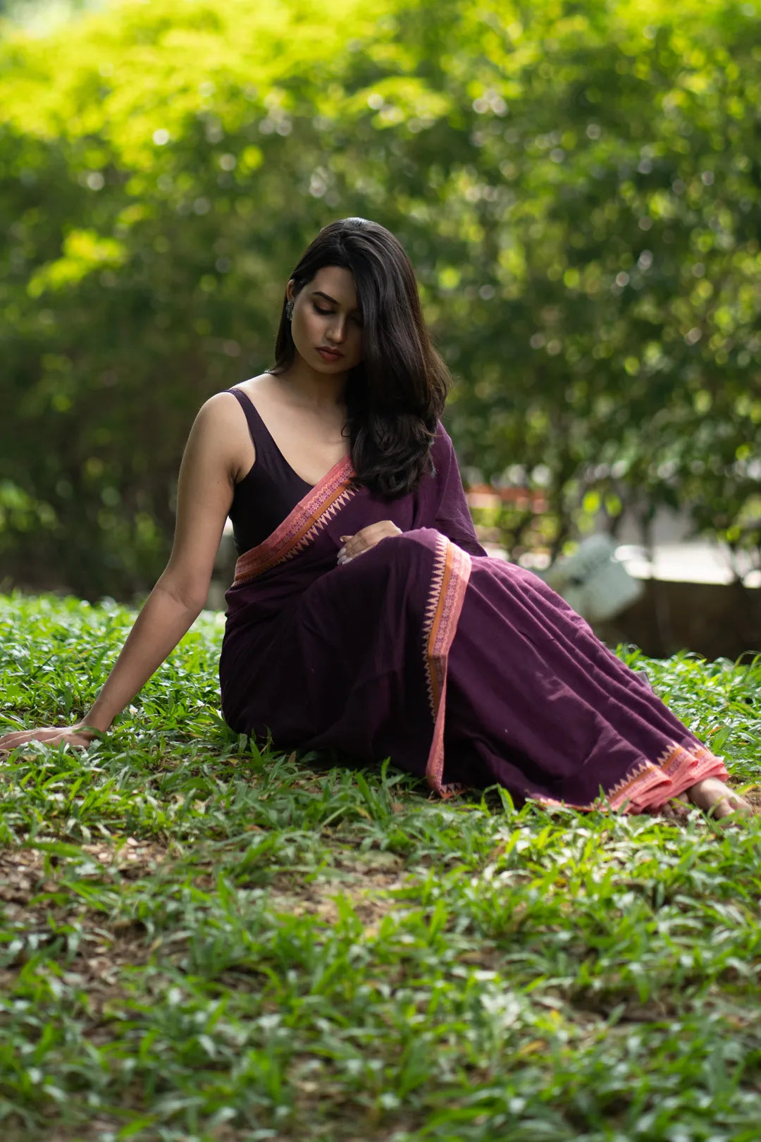 Purple Saree with baby pink jacquard border | Handloom Cotton Saree - I Love Sarees