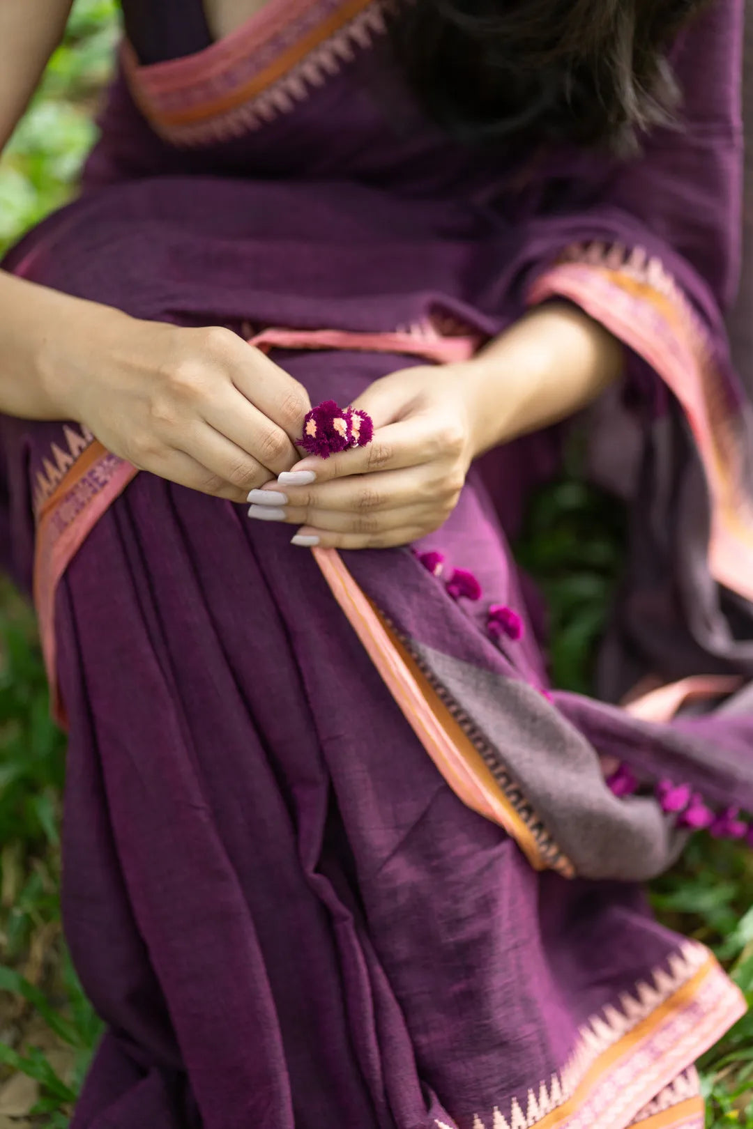 Purple Saree with baby pink jacquard border | Handloom Cotton Saree - I Love Sarees