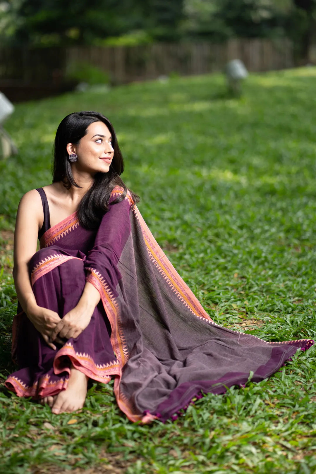 Purple Saree with baby pink jacquard border | Handloom Cotton Saree - I Love Sarees