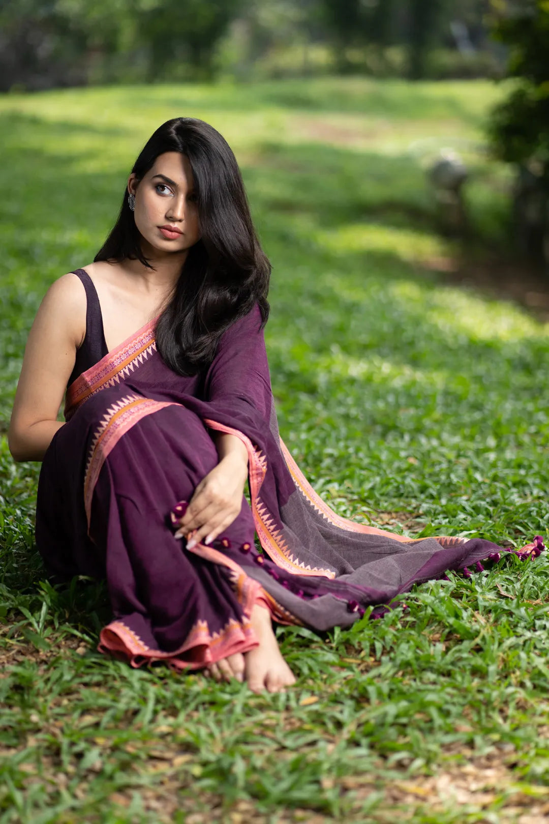 Purple Saree with baby pink jacquard border | Handloom Cotton Saree - I Love Sarees