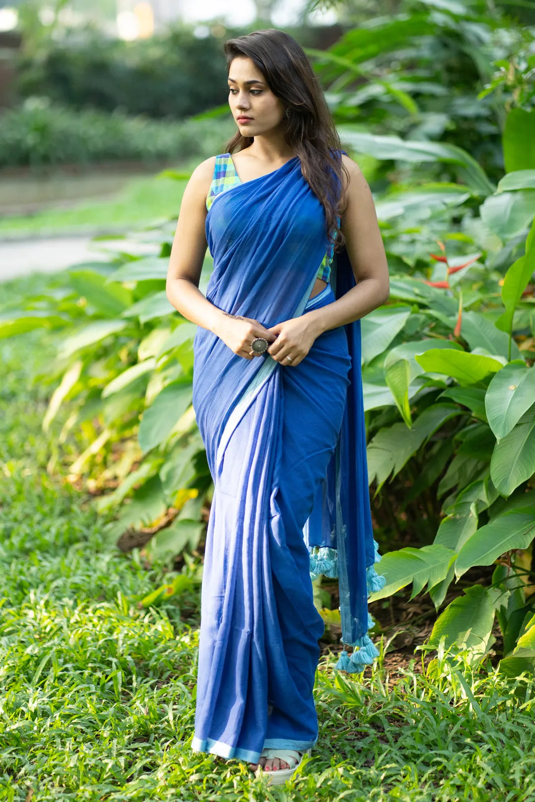 Royal Blue Saree with Blue contrast Border - Handloom Cotton Saree - I Love Sarees