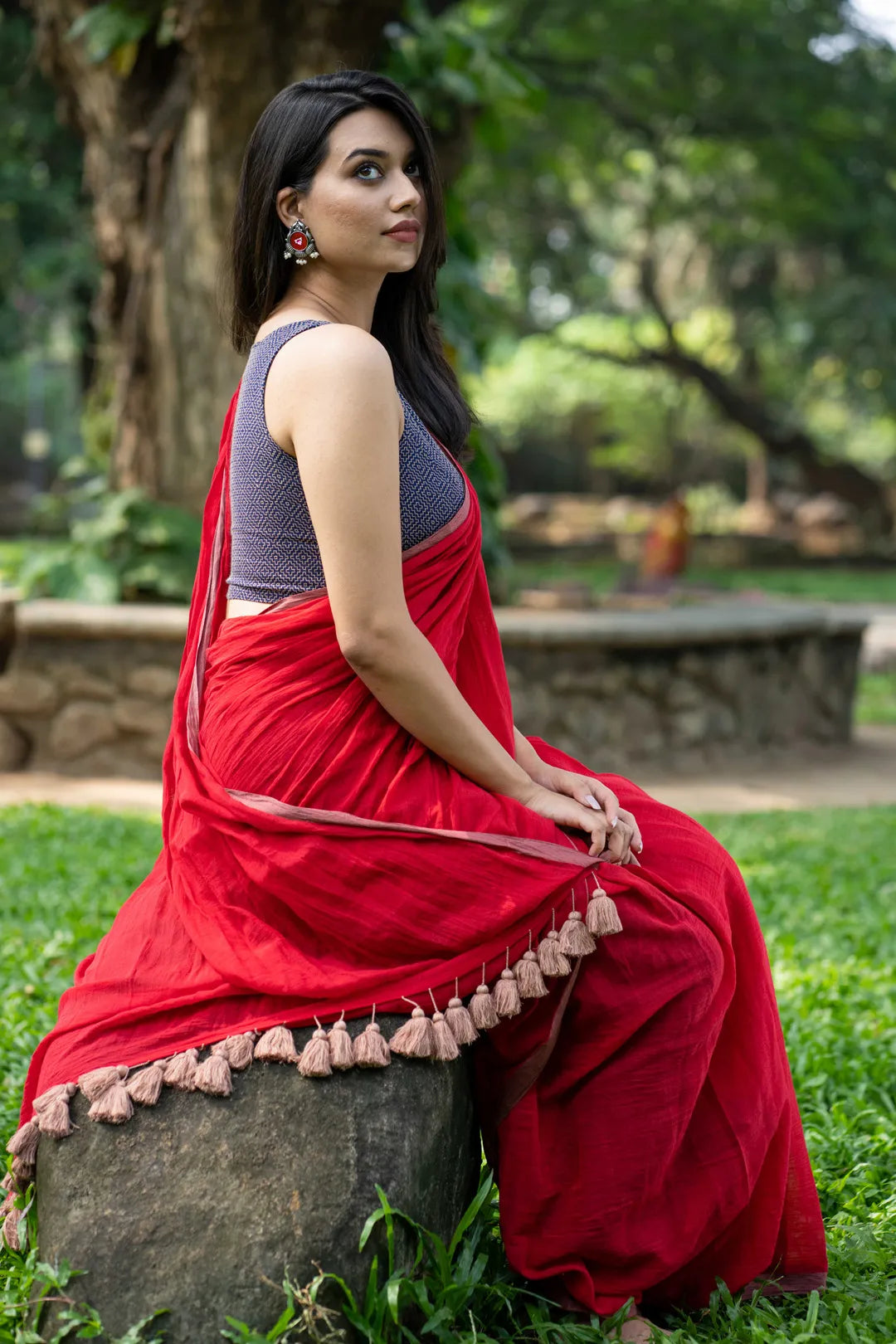 Sashiko pattern Indigo blue Sleeveless blouse - I Love Sarees