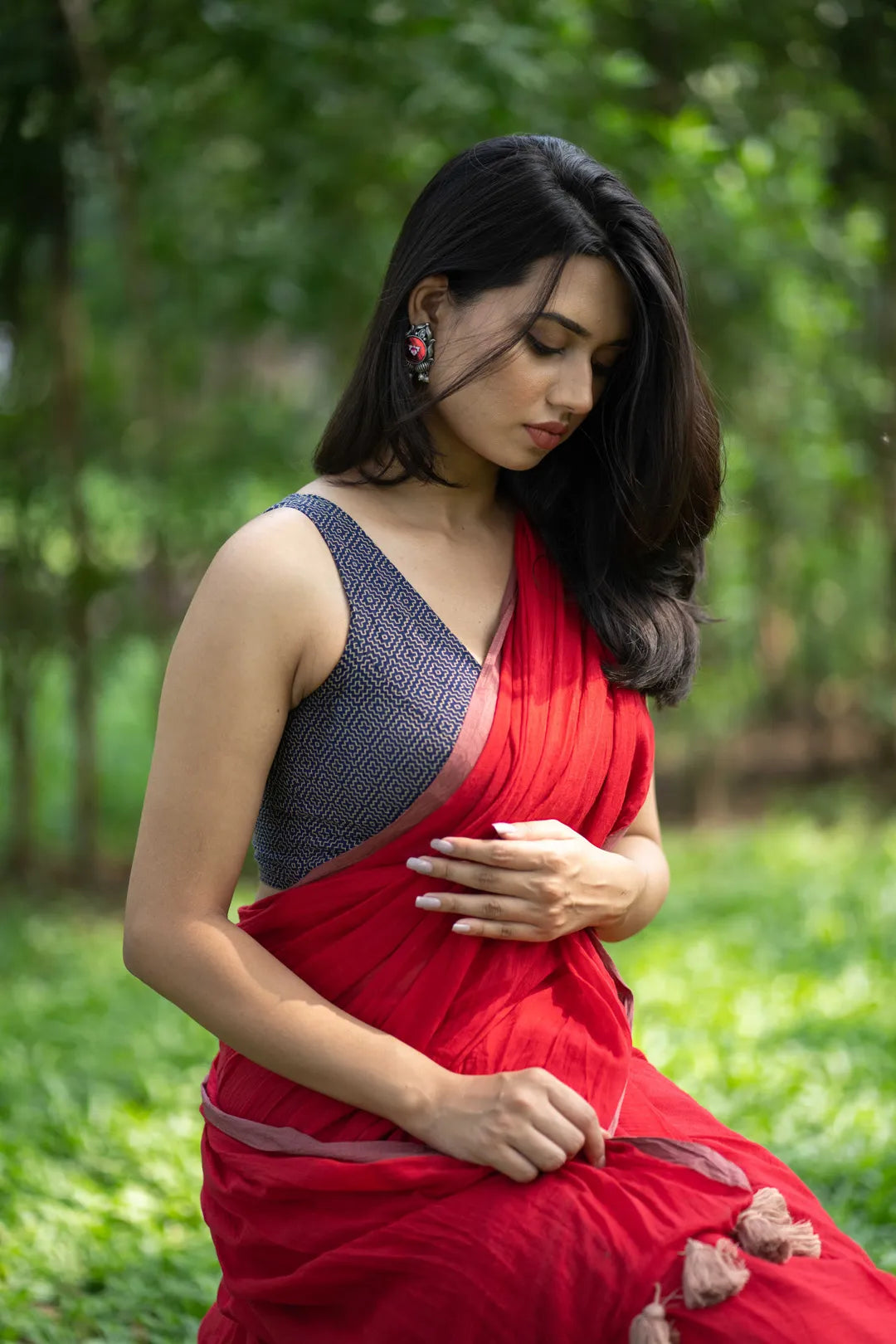 Sashiko pattern Indigo blue Sleeveless blouse - I Love Sarees