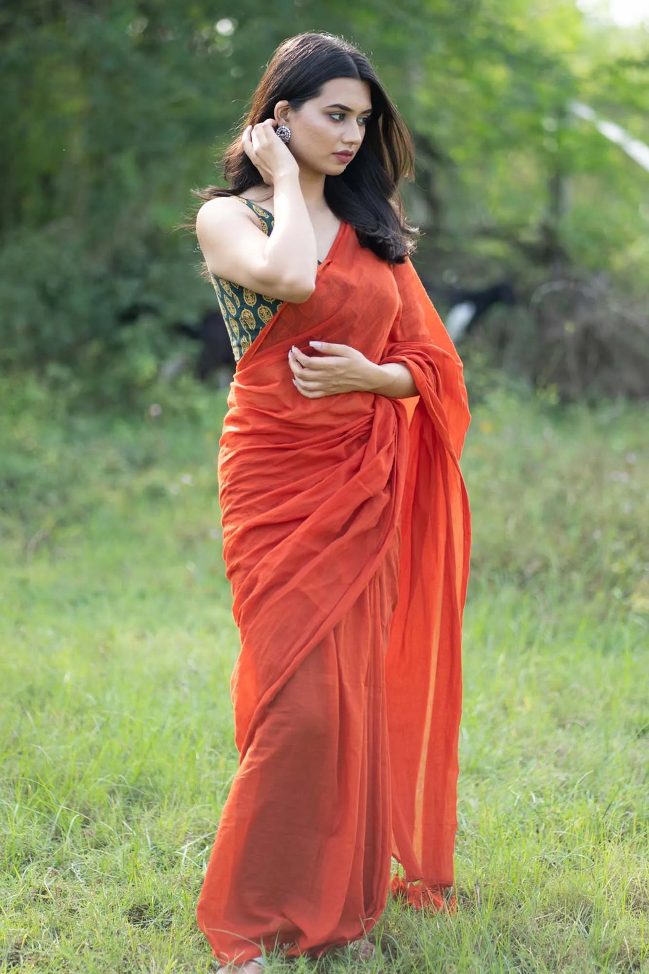 Spicy Orange Plain handloom cotton Saree with orange tassels - I Love Sarees