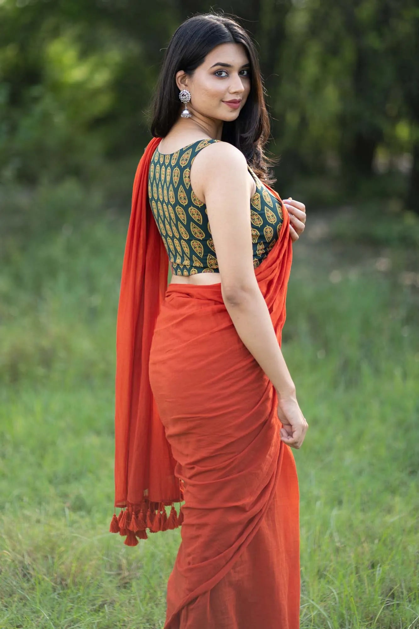 Spicy Orange Plain handloom cotton Saree with orange tassels - I Love Sarees