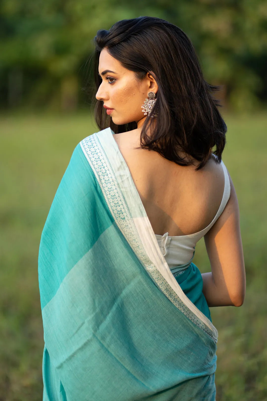 Turquoise Saree with White Border - Handloom Cotton Saree- I Love Sarees