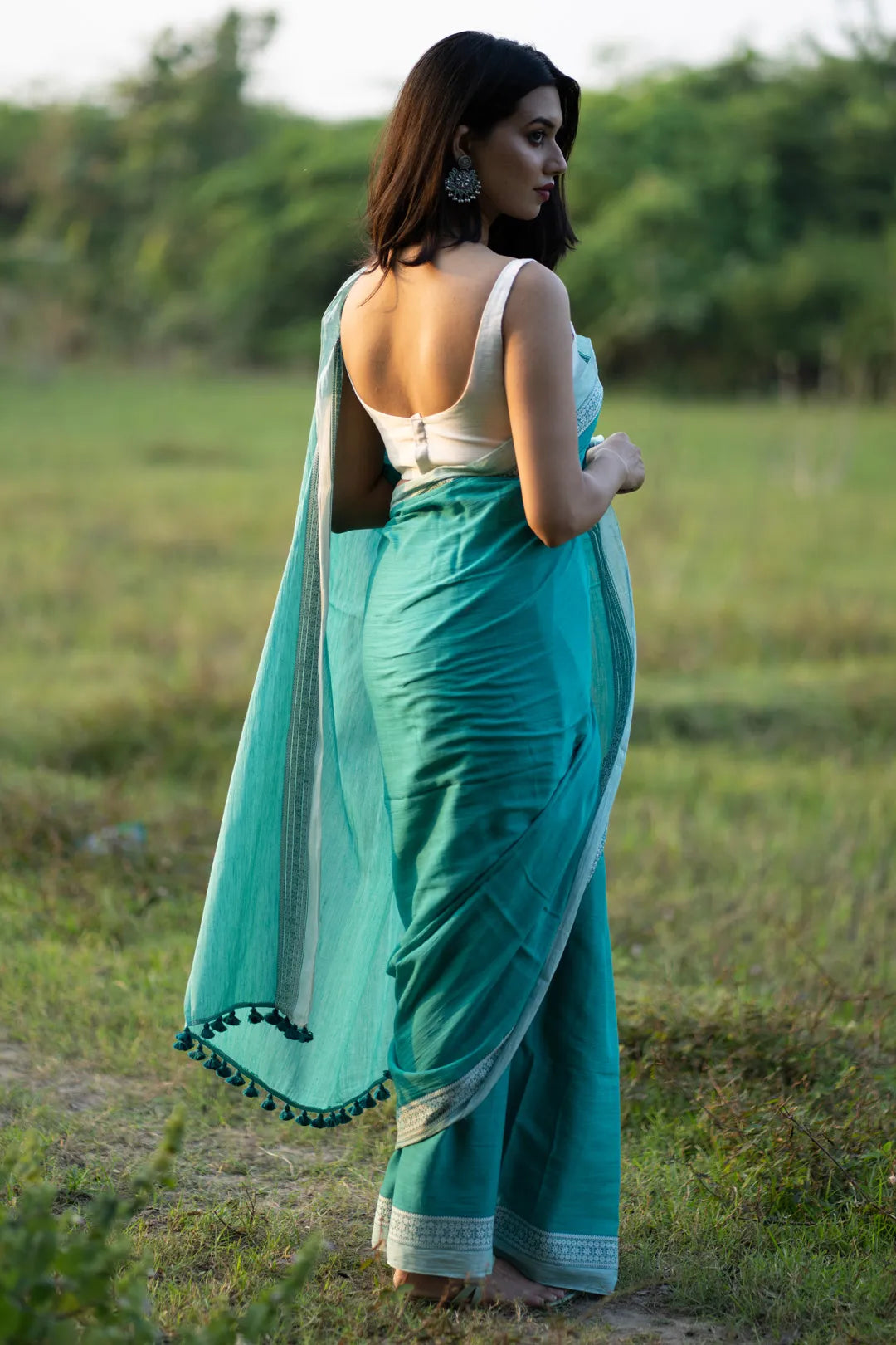 Turquoise Saree with White Border - Handloom Cotton Saree- I Love Sarees