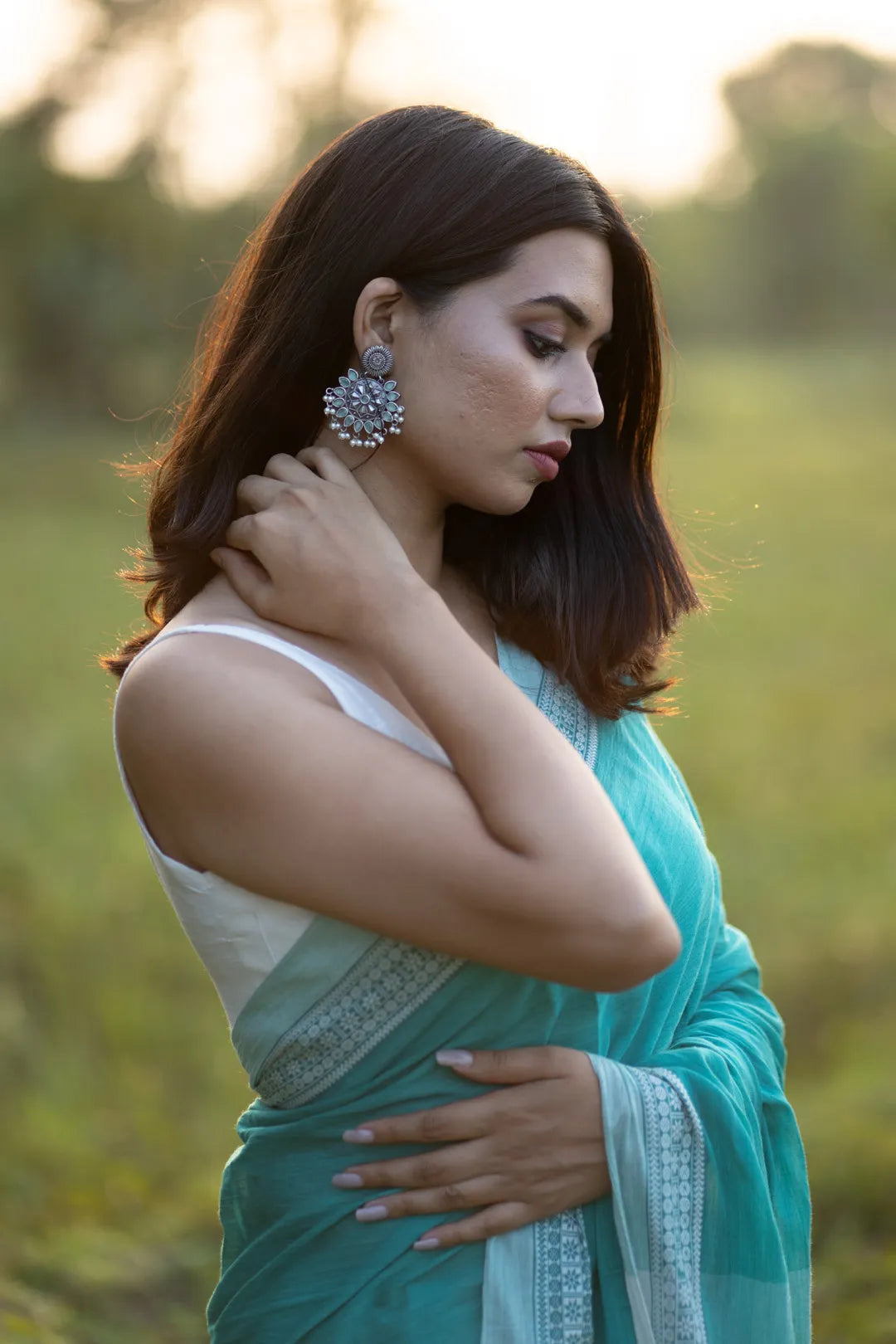 Turquoise Saree with White Border - Handloom Cotton Saree- I Love Sarees
