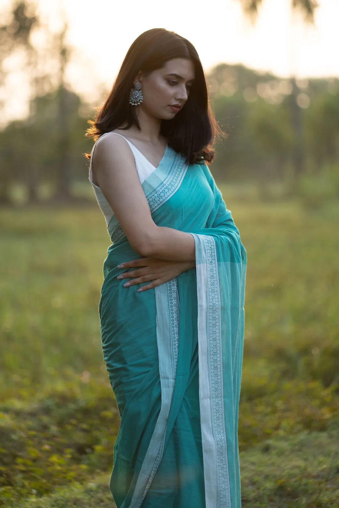 Turquoise Saree with White Border - Handloom Cotton Saree- I Love Sarees