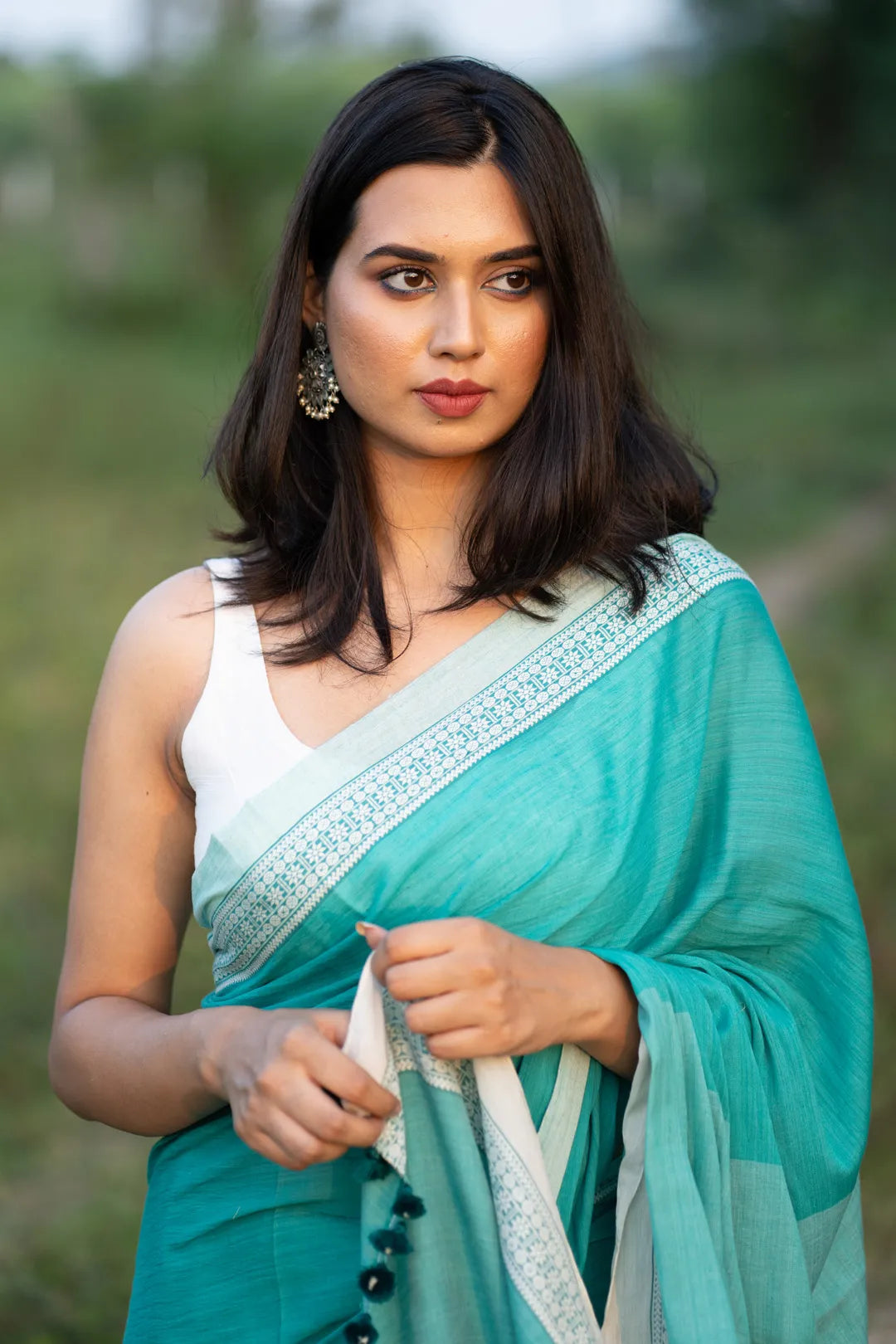 Turquoise Saree with White Border - Handloom Cotton Saree- I Love Sarees