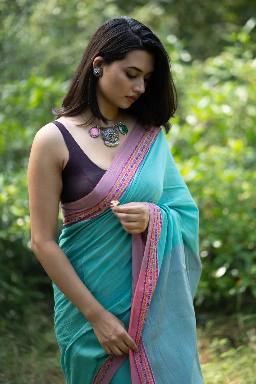 Turquoise and Pink trendy Handwoven Cotton Saree - I Love Sarees