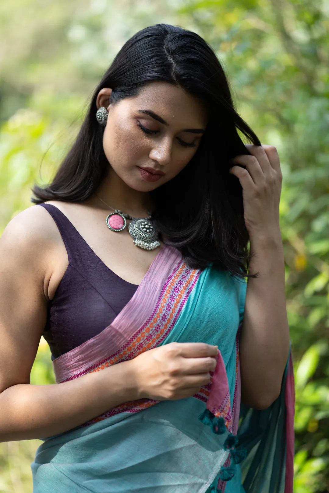 Turquoise and Pink trendy Handwoven Cotton Saree - I Love Sarees