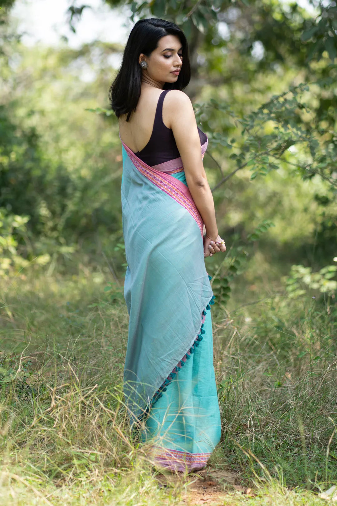 Turquoise and Pink trendy Handwoven Cotton Saree - I Love Sarees