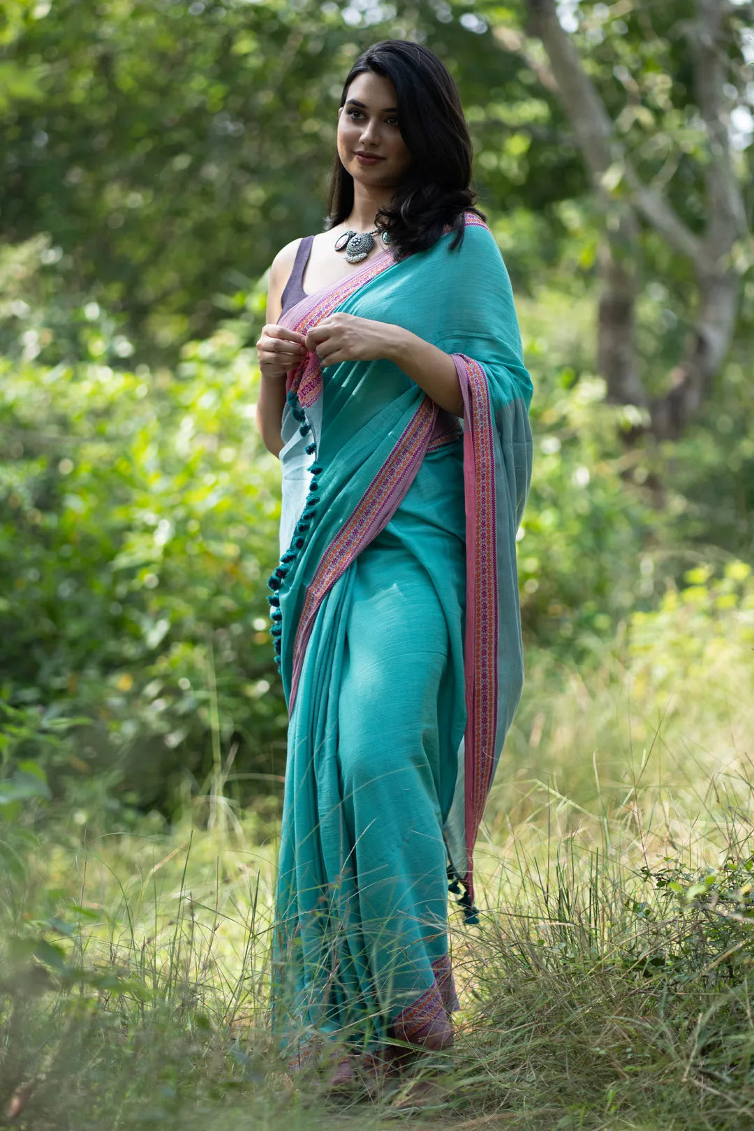 Turquoise and Pink trendy Handwoven Cotton Saree - I Love Sarees