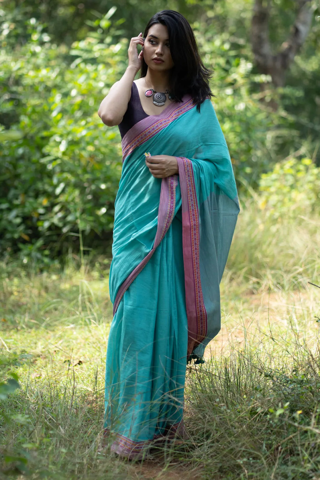 Turquoise and Pink trendy Handwoven Cotton Saree - I Love Sarees