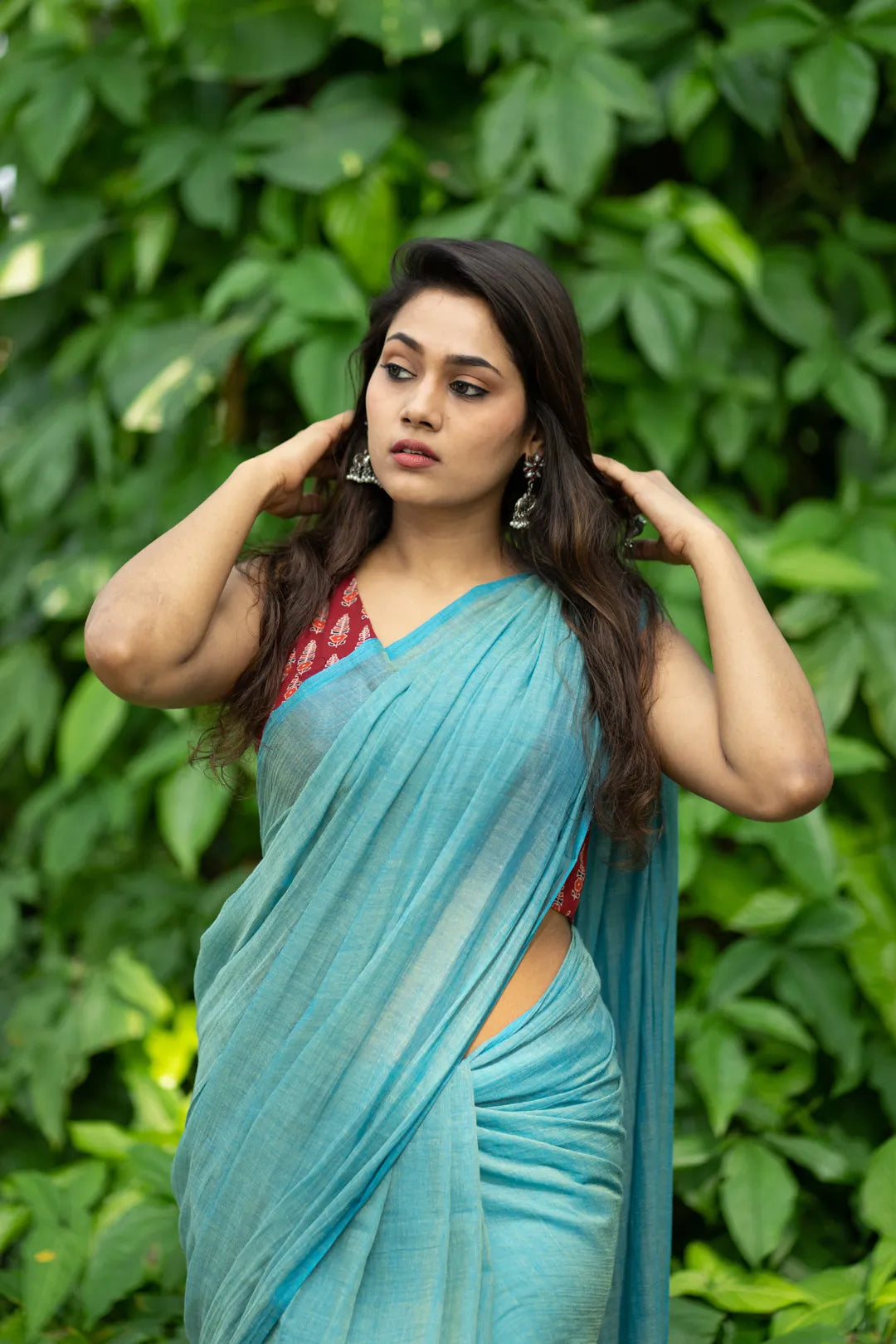 Two-Tone Turquoise Handloom Cotton Saree with Saree Tassels - I Love Sarees