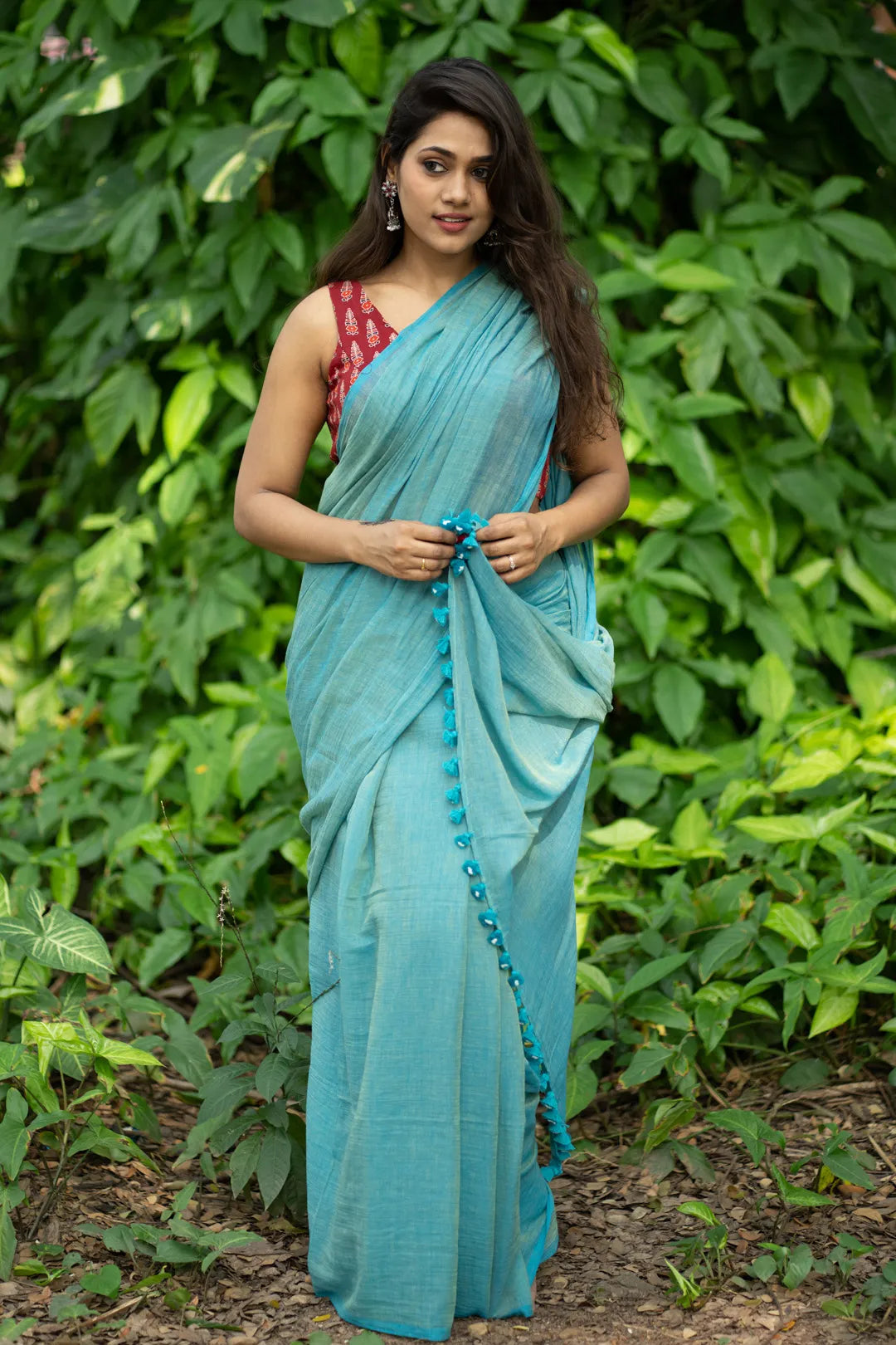 Two-Tone Turquoise Handloom Cotton Saree with Saree Tassels - I Love Sarees