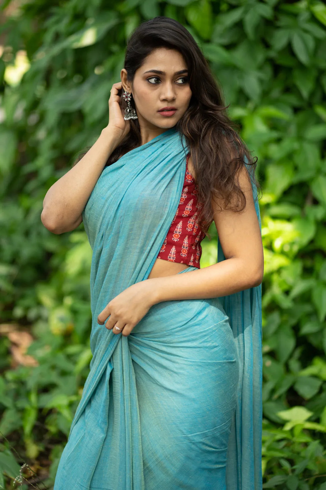 Two-Tone Turquoise Handloom Cotton Saree with Saree Tassels - I Love Sarees