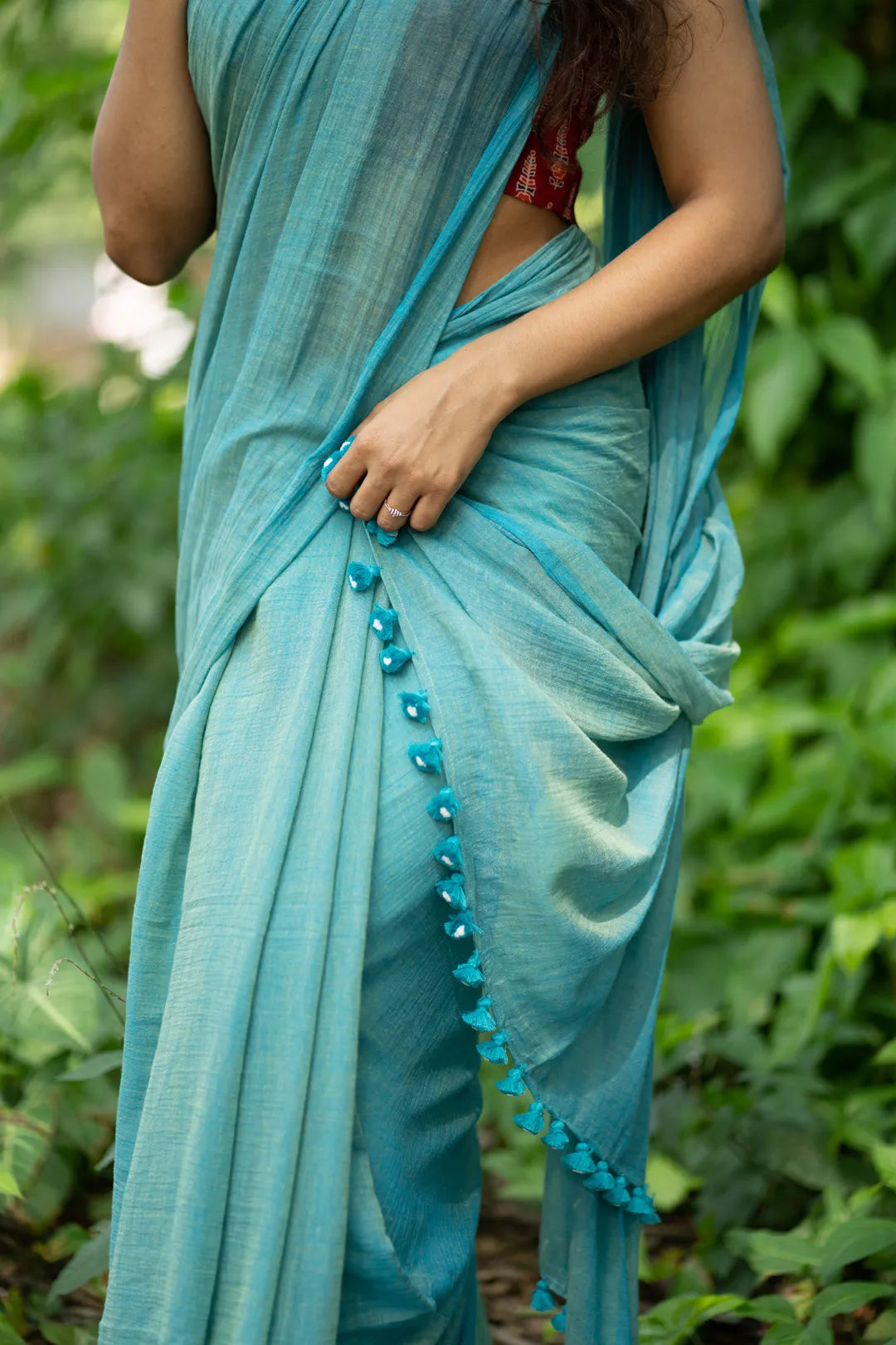 Two-Tone Turquoise Handloom Cotton Saree with Saree Tassels - I Love Sarees