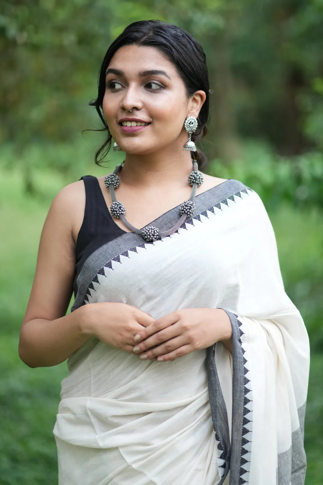 White Saree with Black Border - HandIoom Cotton Saree with white tassels - I Love Sarees