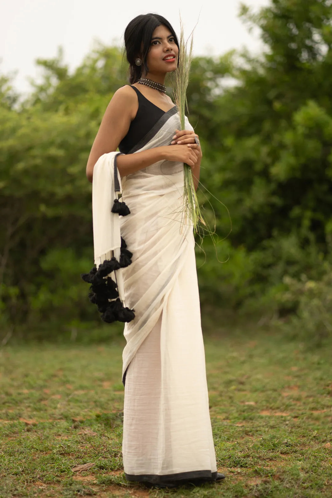 White colour saree with black border - pure cotton saree - Black tassels - I Love Sarees