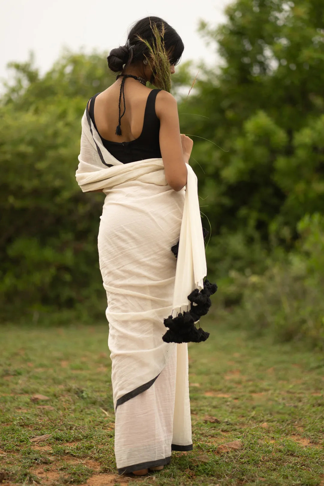 White colour saree with black border - pure cotton saree - Black tassels - I Love Sarees