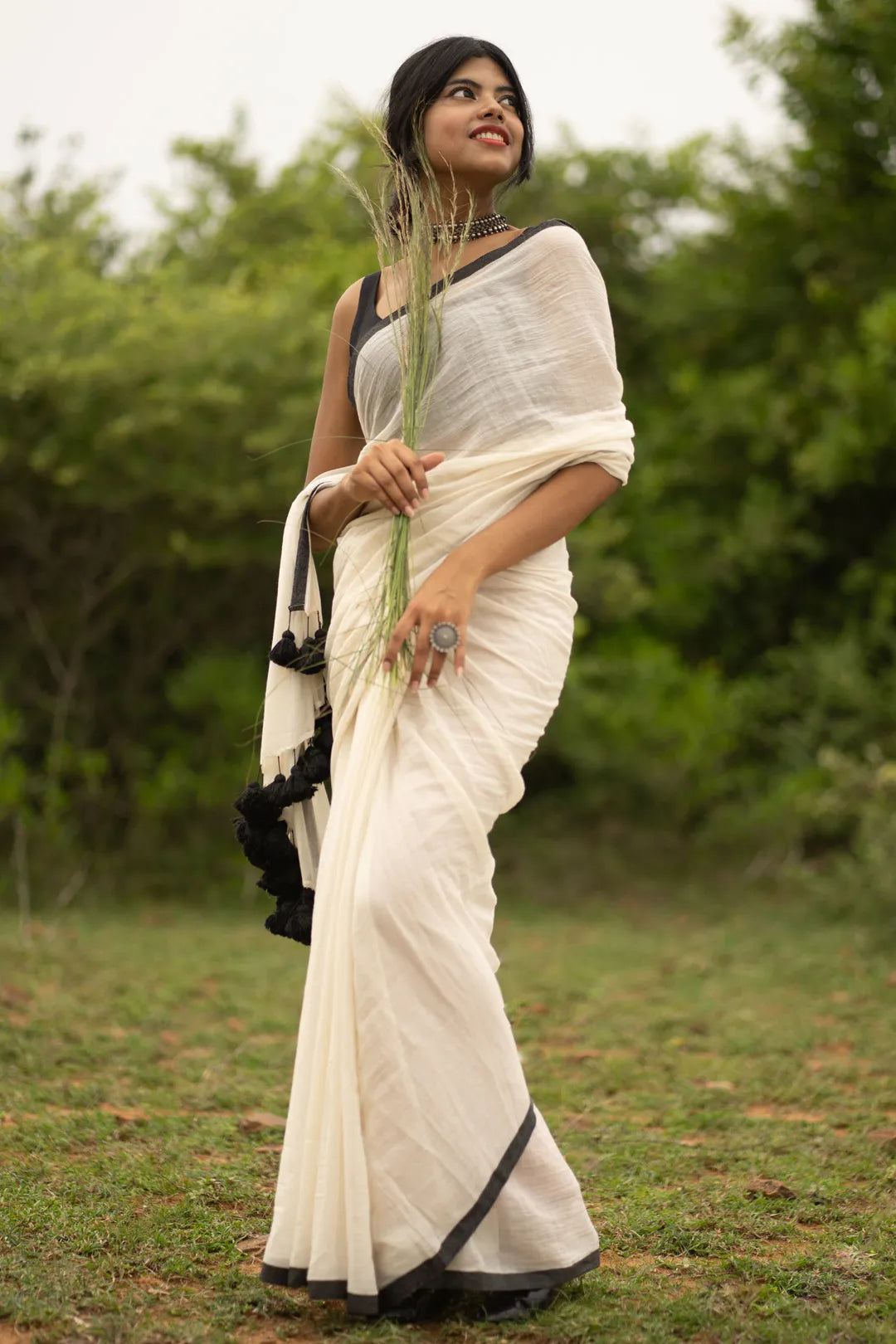 White colour saree with black border - pure cotton saree - Black tassels - I Love Sarees