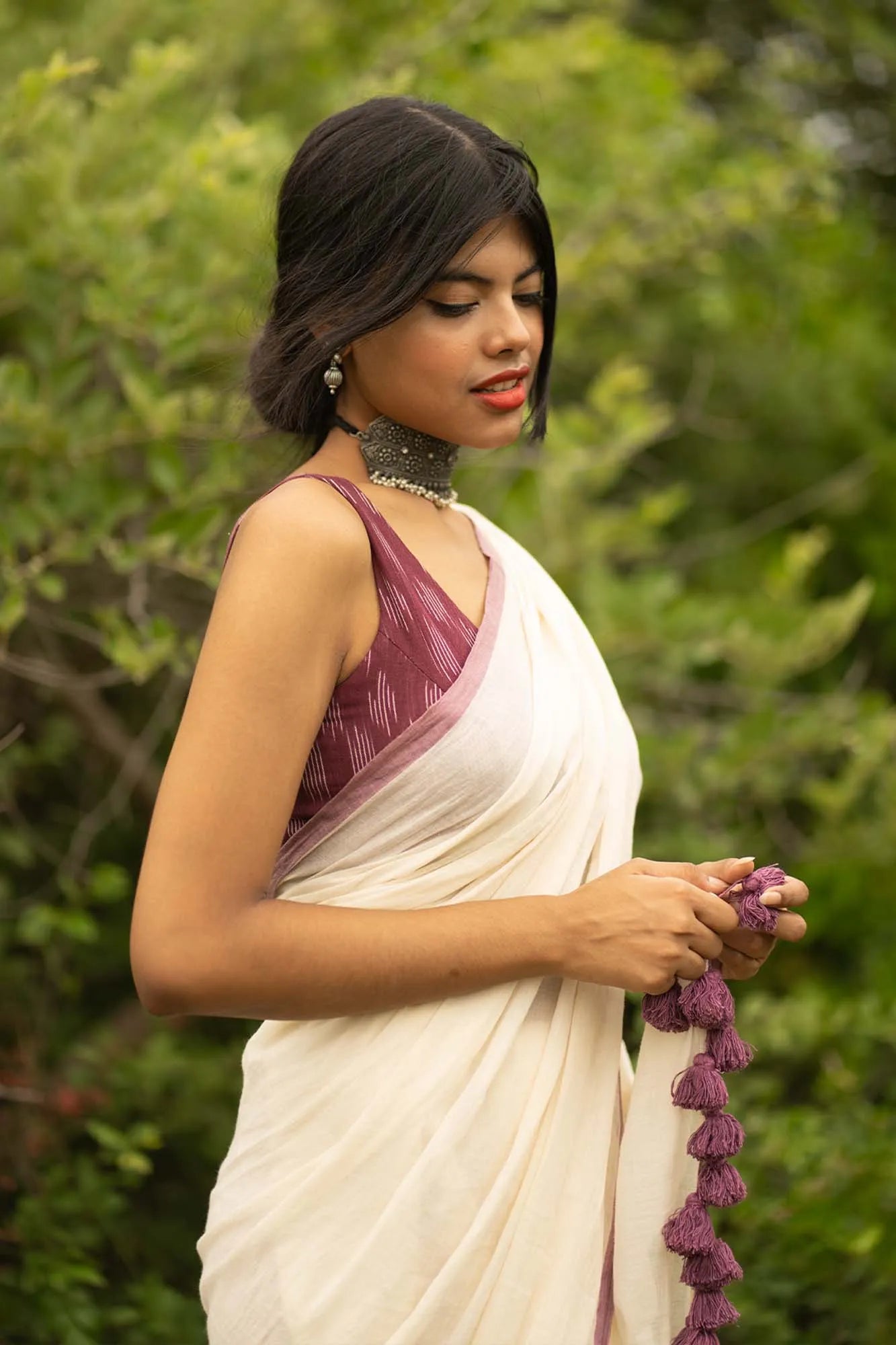 White saree with purple border - Pure cotton Saree - I Love Sarees