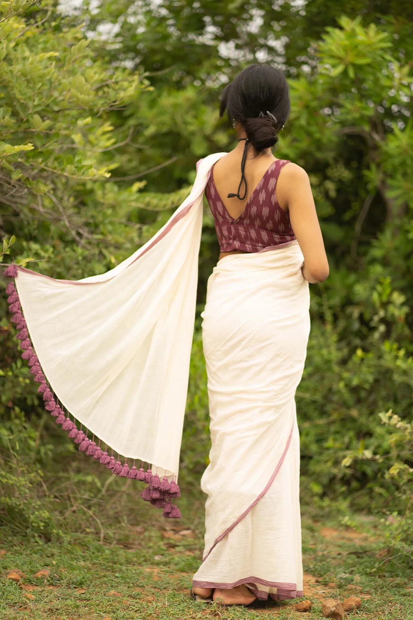 White saree with purple border - Pure cotton Saree - I Love Sarees