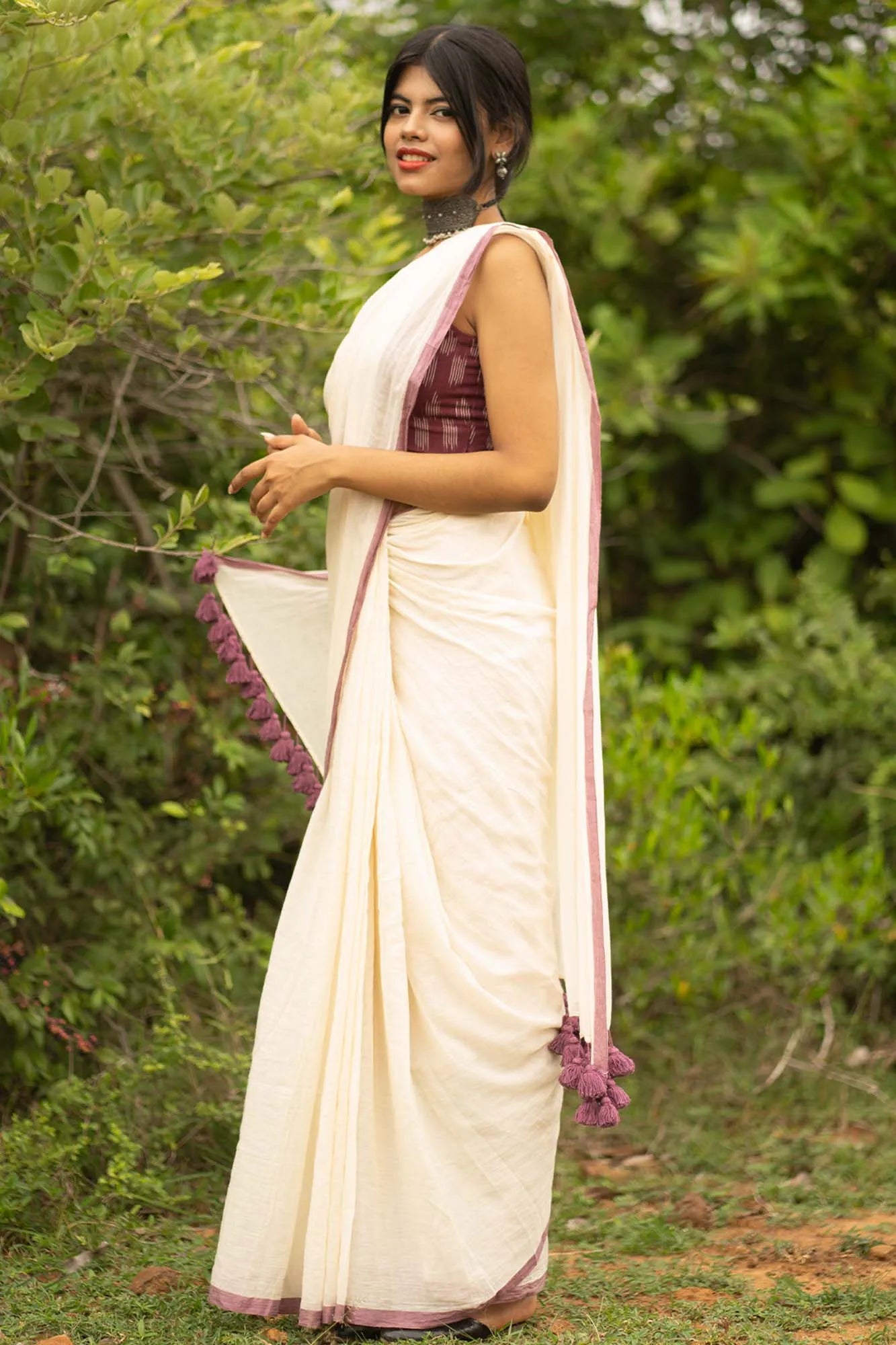 White saree with purple border - Pure cotton Saree - I Love Sarees