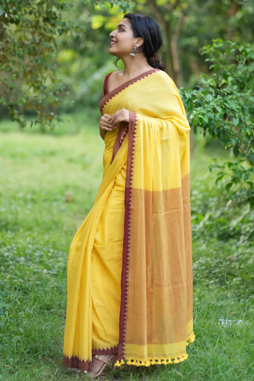 Yellow Saree with Maroon jacquard Border - Handloom Cotton Saree - I Love Sarees