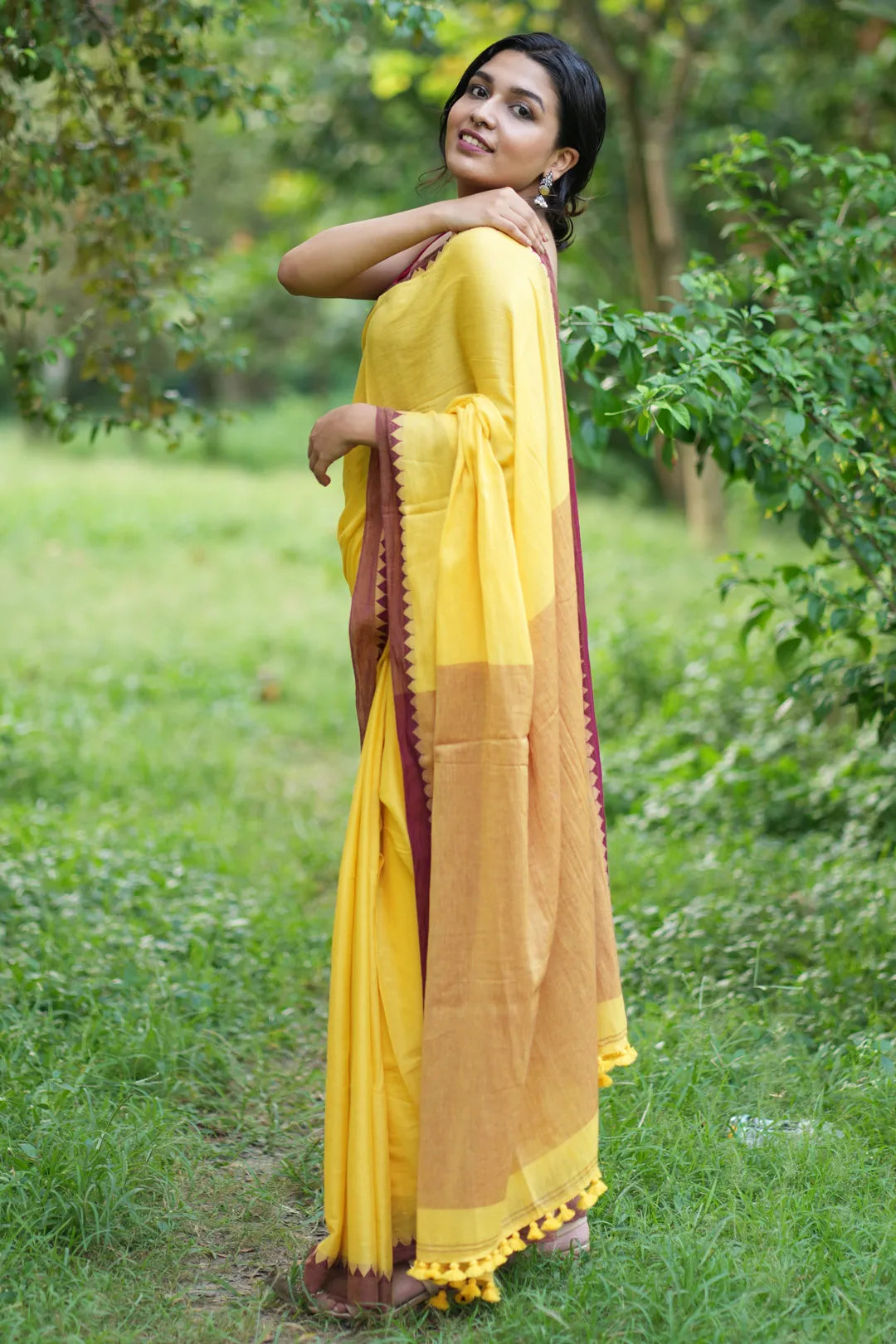 Yellow Saree with Maroon jacquard Border - Handloom Cotton Saree - I Love Sarees