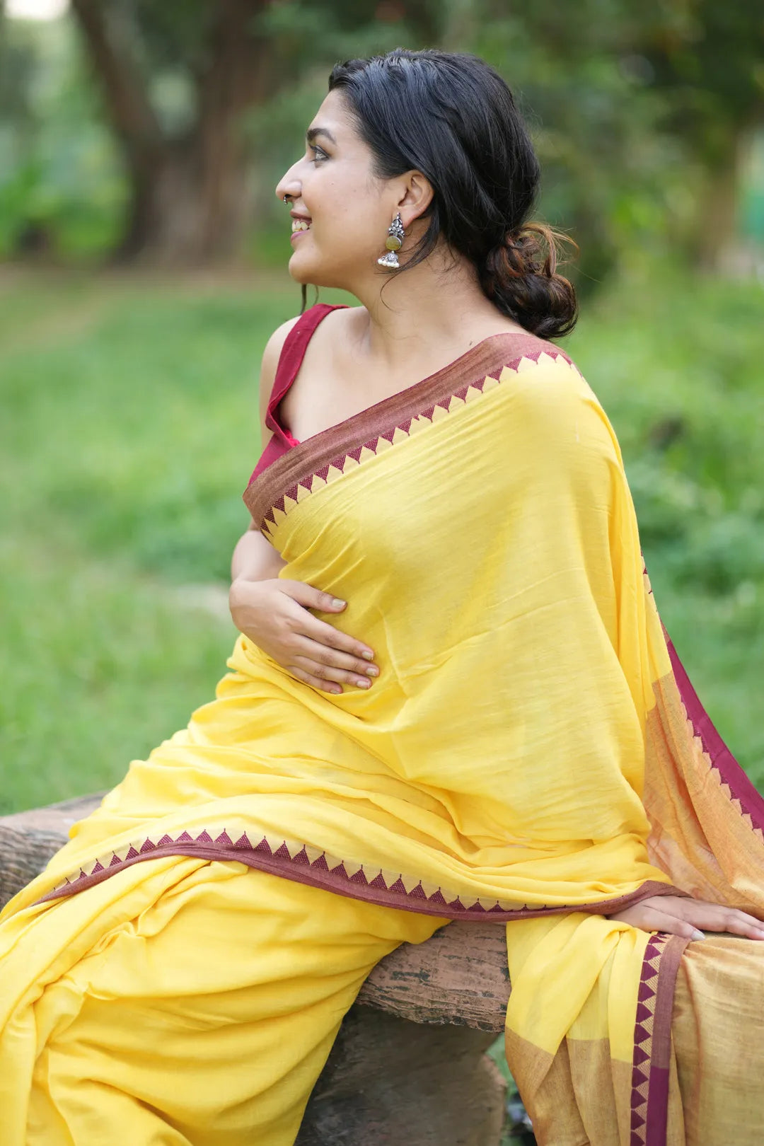 Yellow Saree with Maroon jacquard Border - Handloom Cotton Saree - I Love Sarees