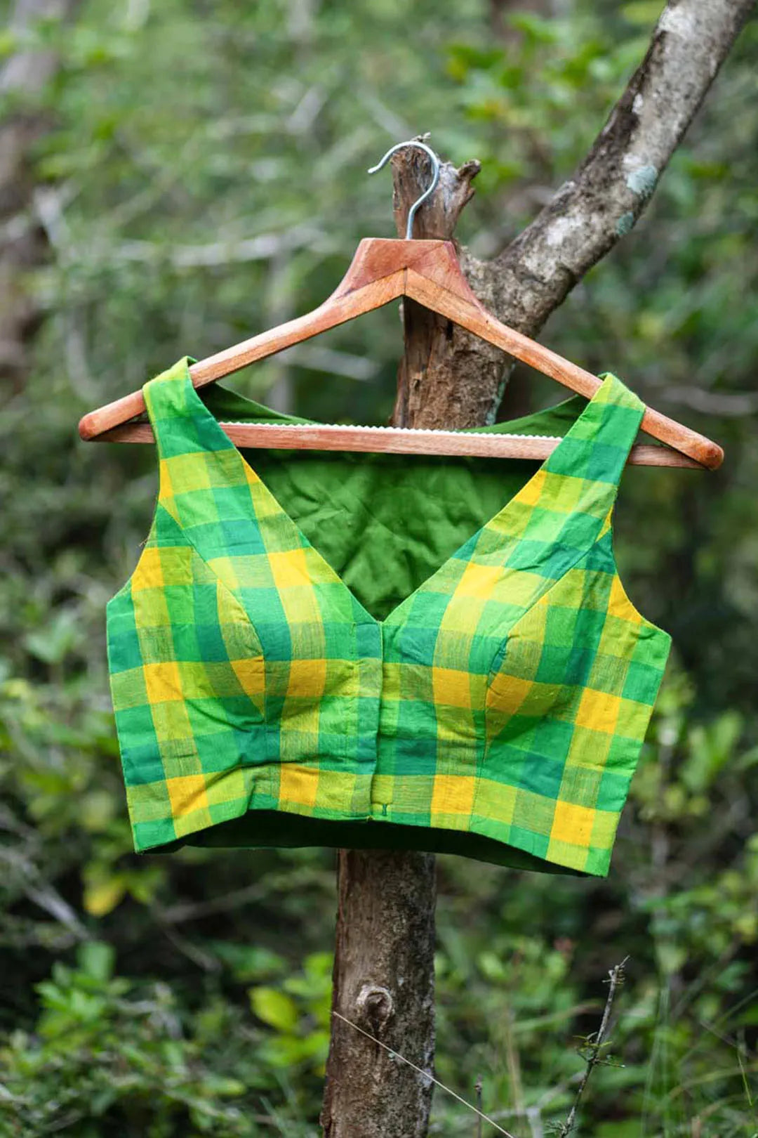 Yellow and Green Checked Cotton Sleeveless blouse - I Love Sarees