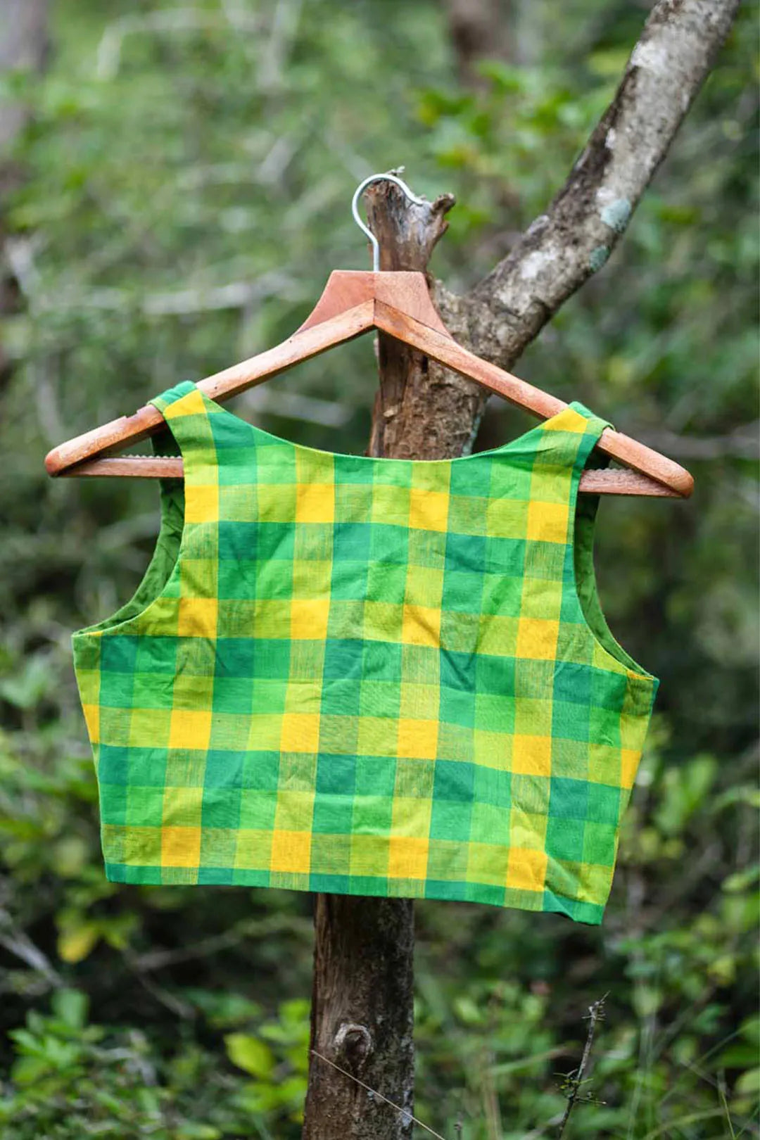 Yellow and Green Checked Cotton Sleeveless blouse - I Love Sarees