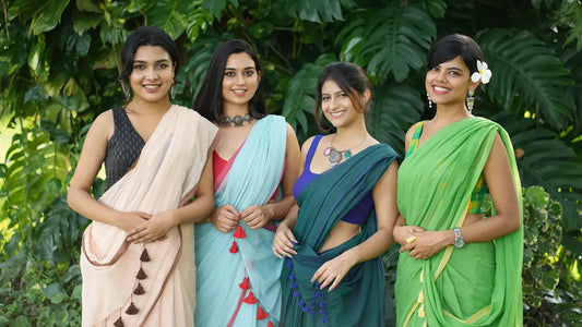 A group of girls wearing plain sarees from I Love Sarees