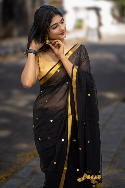 Zehra Black Sequin Cotton Saree