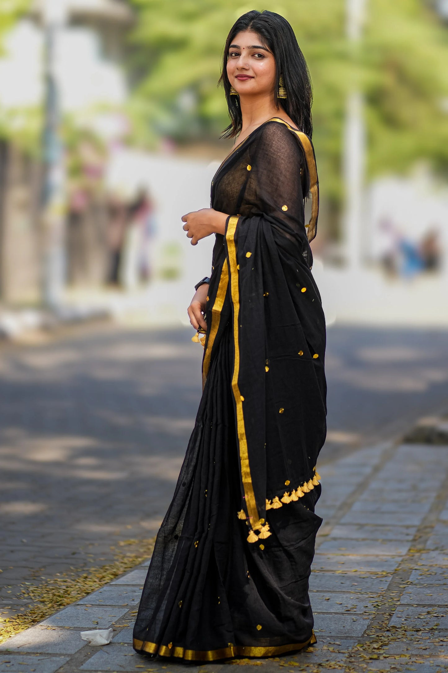 Zehra Black Sequin Cotton Saree