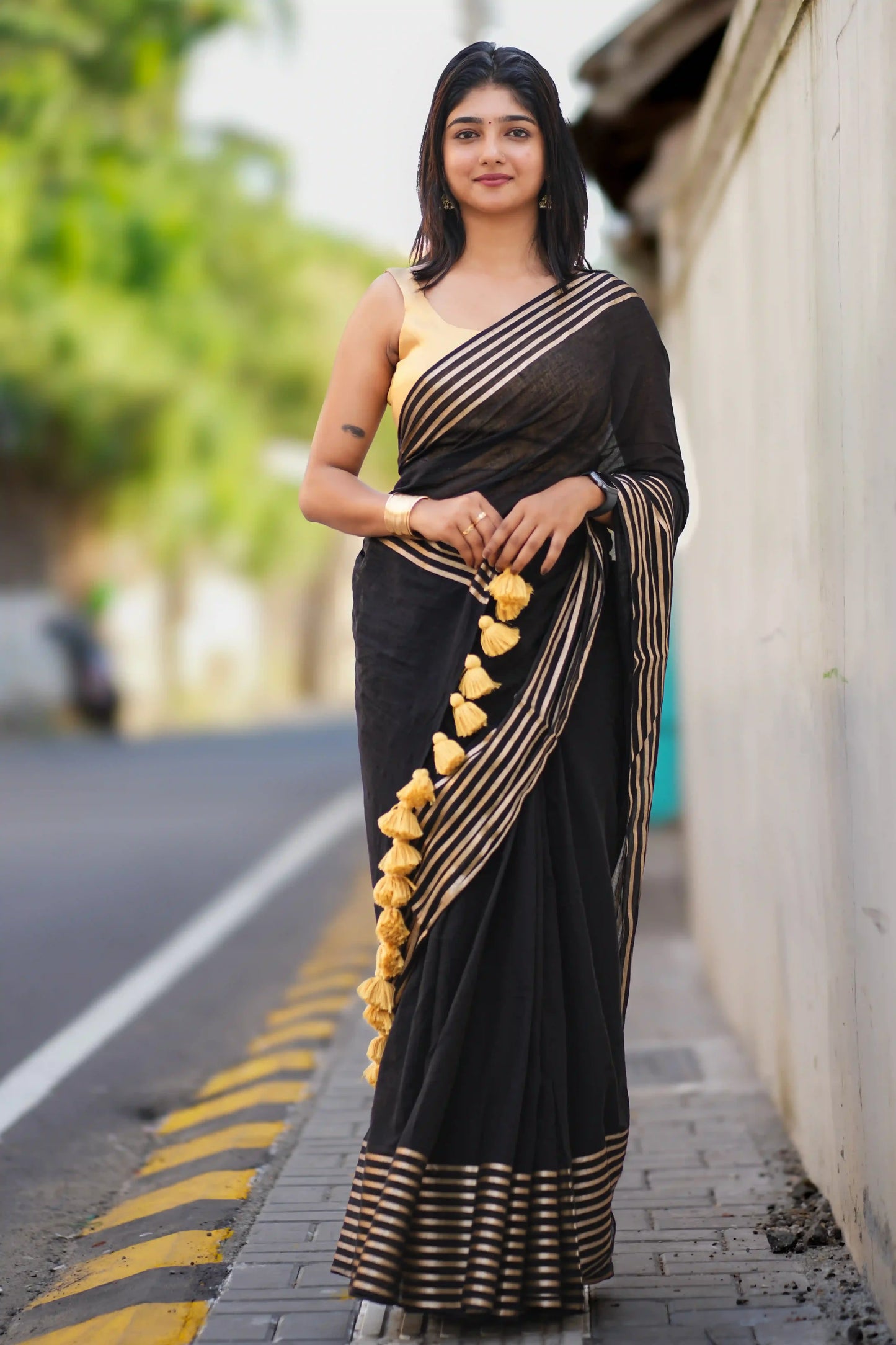 Noir Elegance Black Cotton Zari Saree