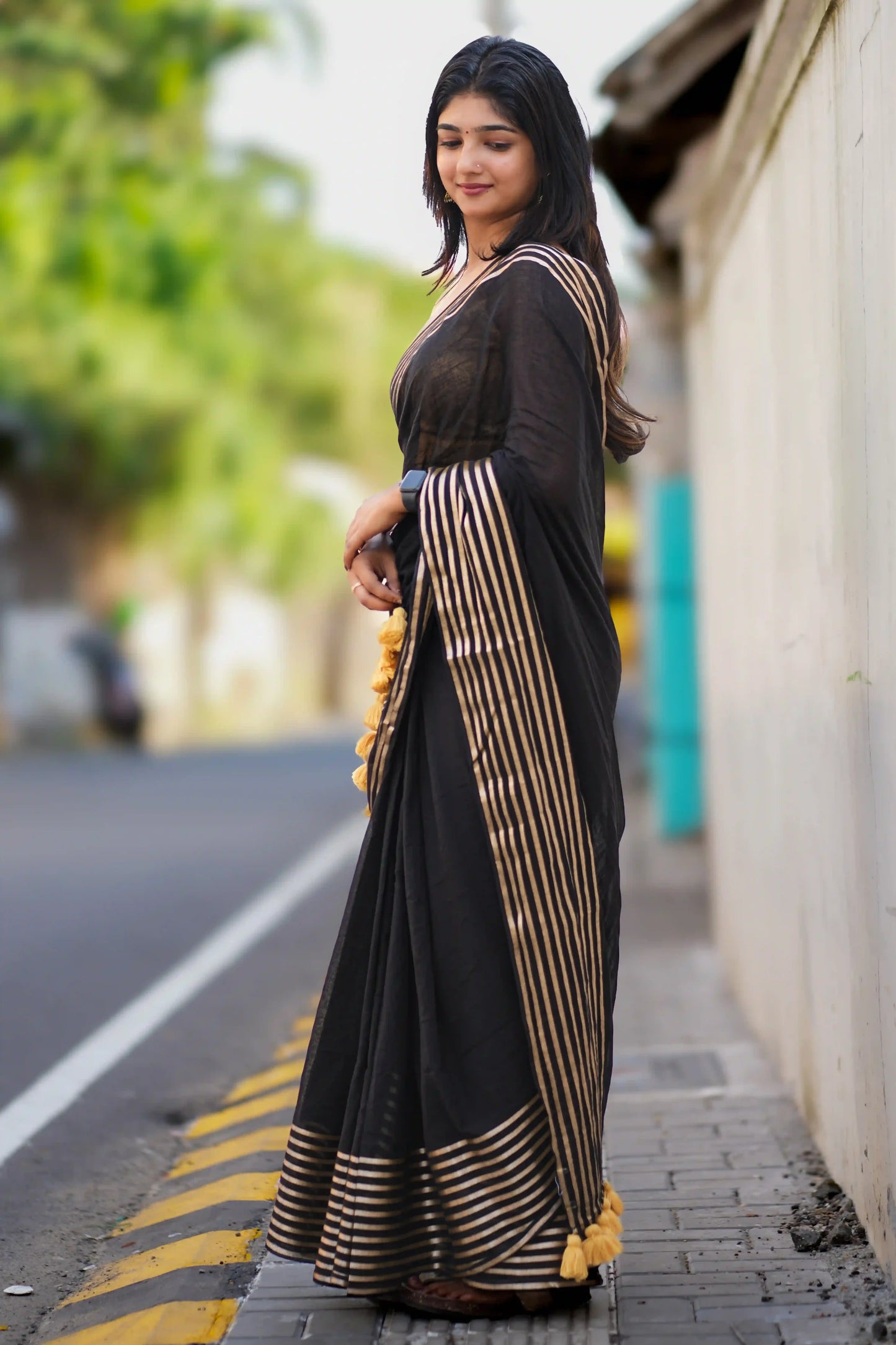 Noir Elegance Black Cotton Zari Saree