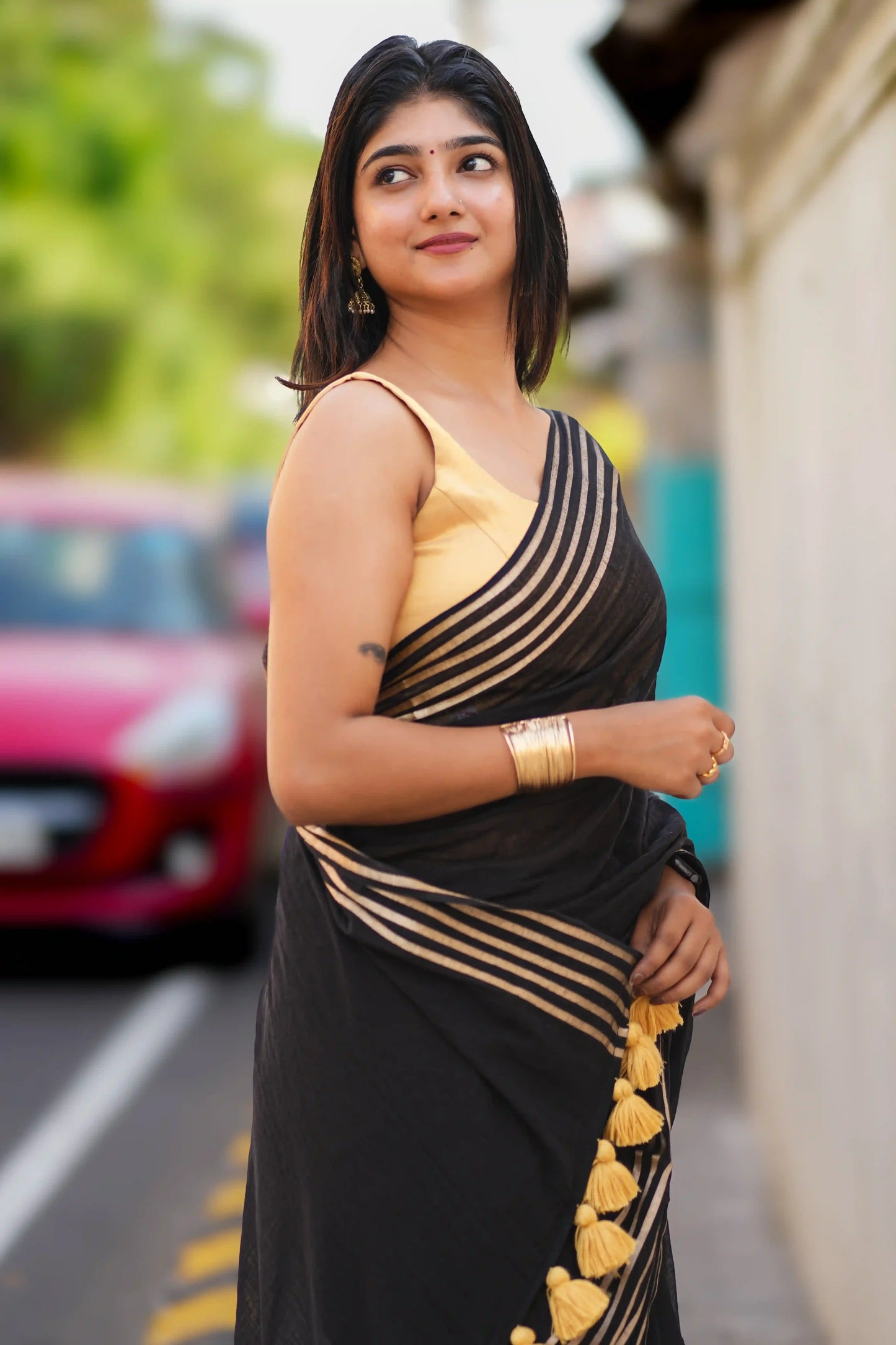 Noir Elegance Black Cotton Zari Saree