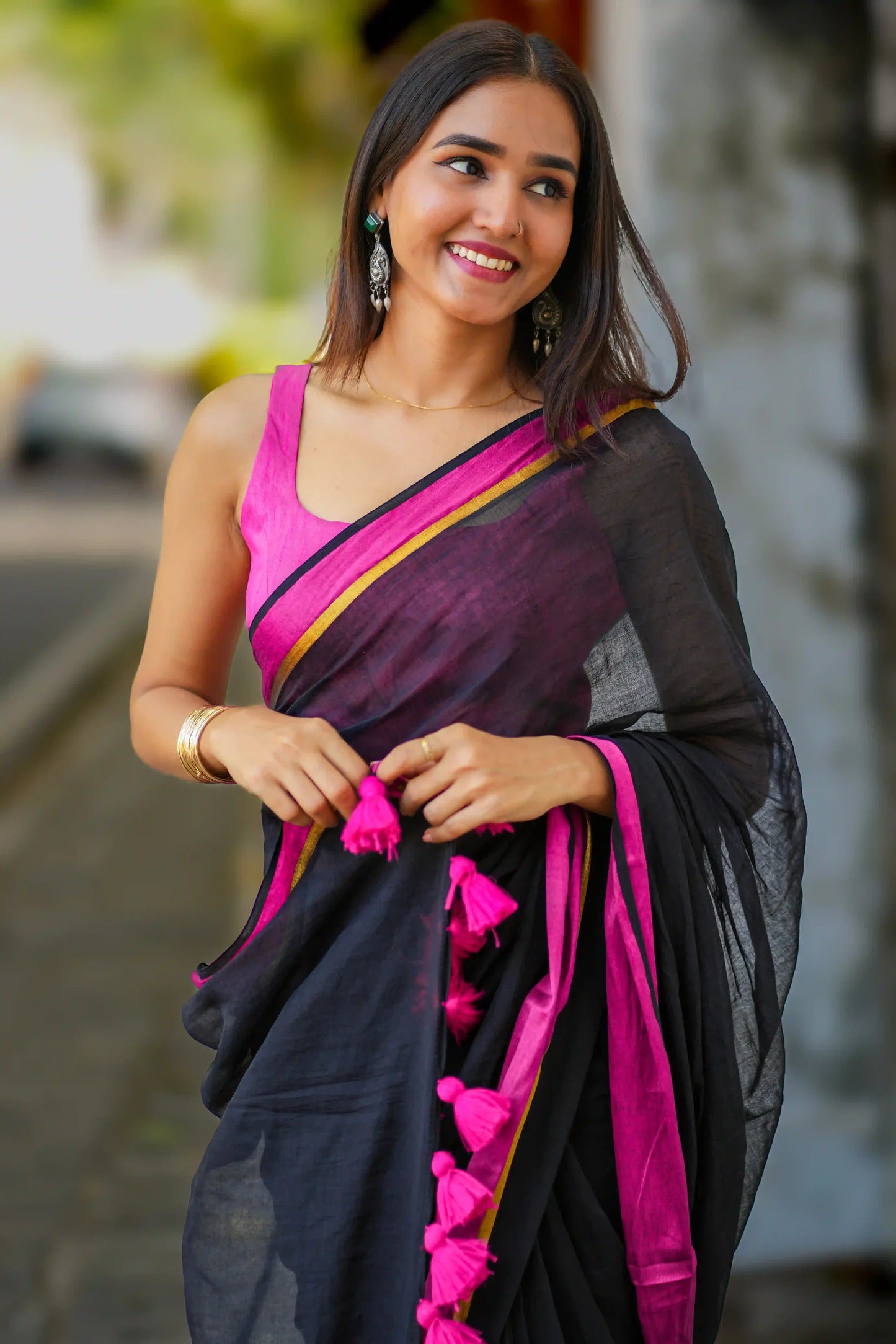 Midnight Magenta Cotton Zari Saree