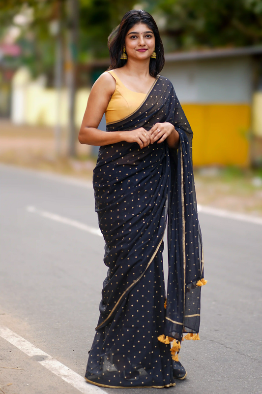 Kaala Bindu Gold Block Print Polka Dot Cotton Saree