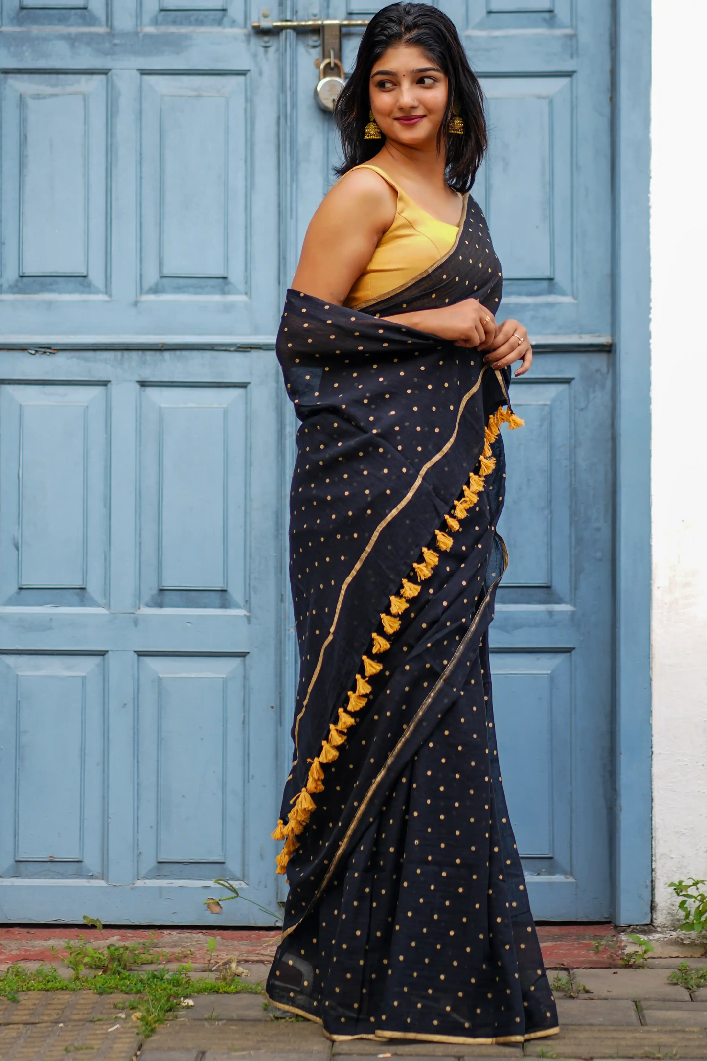 Kaala Bindu Gold Block Print Polka Dot Cotton Saree